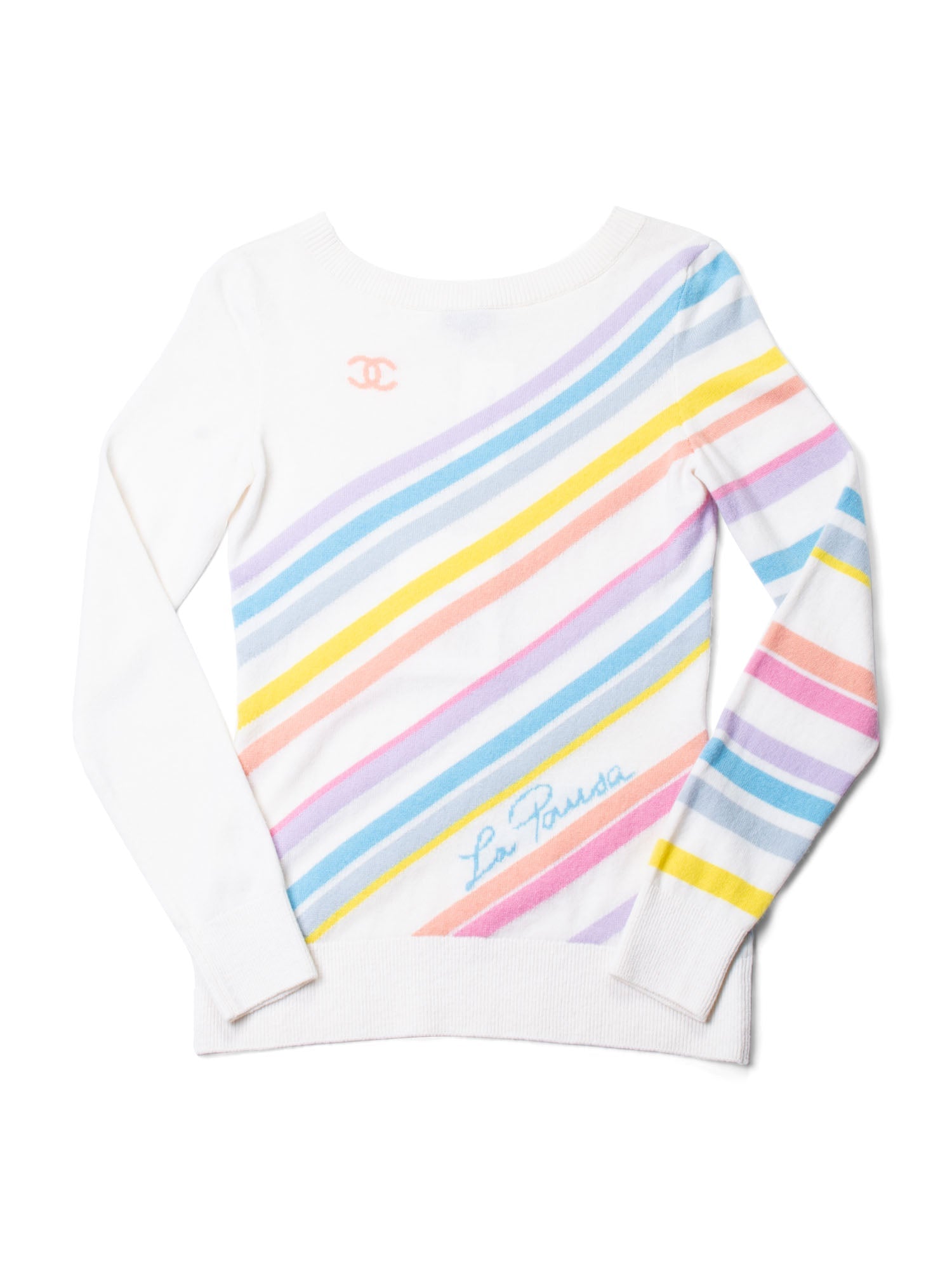Chanel Cashmere CC Logo La Pausa Stripe Sweater Rainbow White