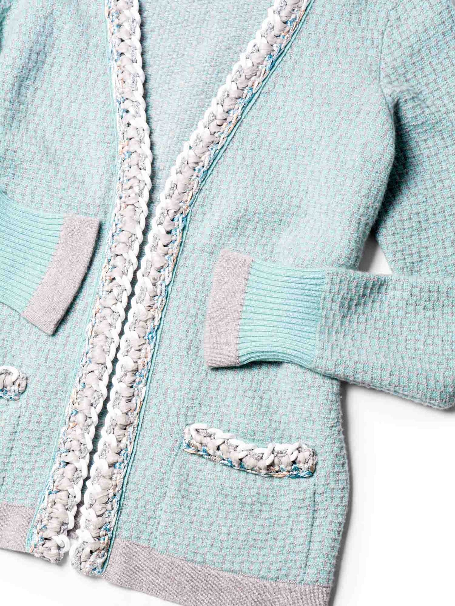 Chanel Cashmere Lurex Tweed Chain Cardigan Aqua Grey