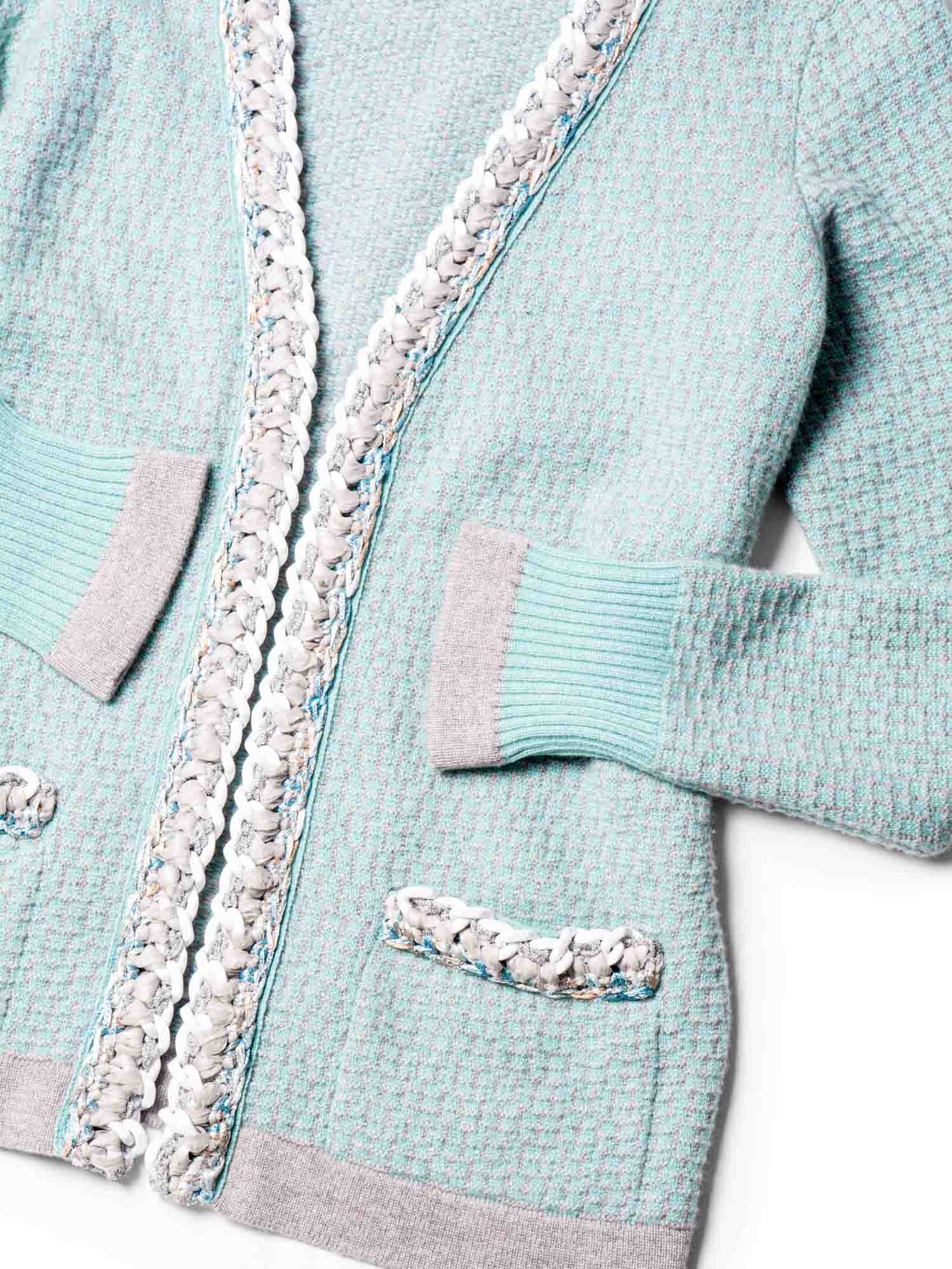 Chanel Cashmere Lurex Tweed Chain Cardigan Aqua Grey