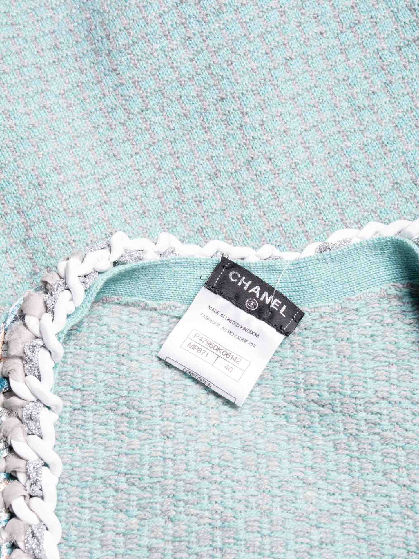 Chanel Cashmere Lurex Tweed Chain Cardigan Aqua Grey