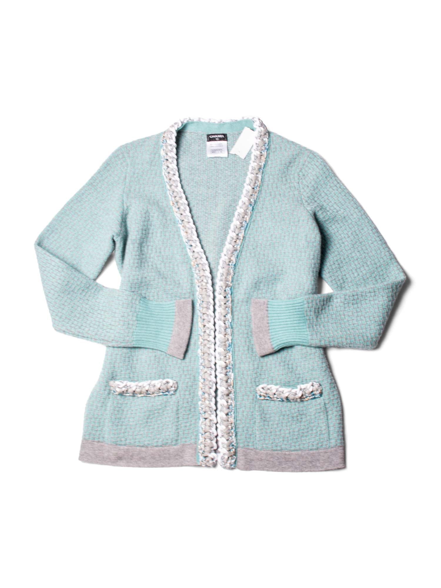 Chanel Cashmere Lurex Tweed Chain Cardigan Aqua Grey