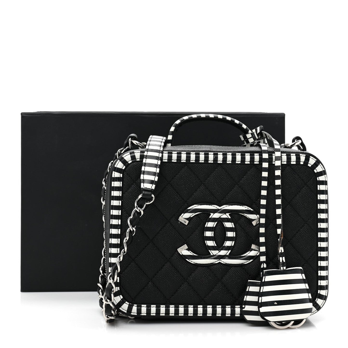 Chanel Caviar Quilted Striped Medium CC Filigree Vanity Case