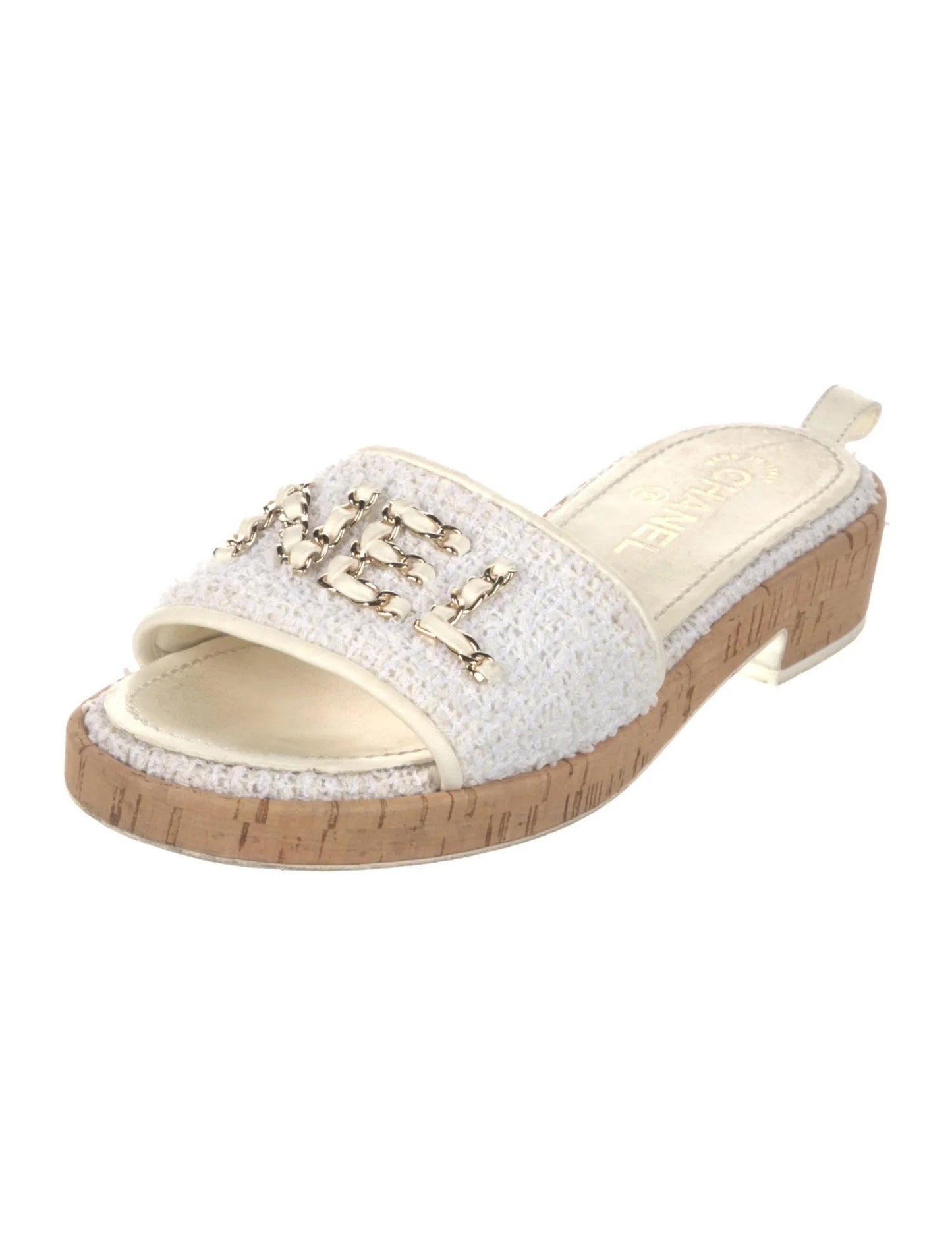 Chanel Chain Link Cha Nel Tweed Cork Mules for Women