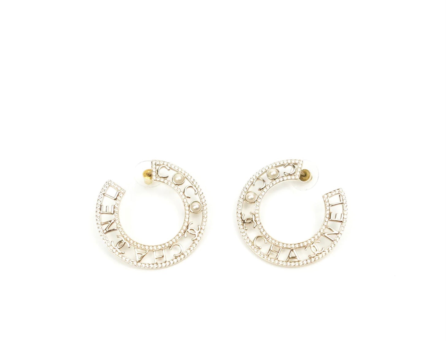 CHANEL CRYSTAL PEARL CC HOOP EARRINGS