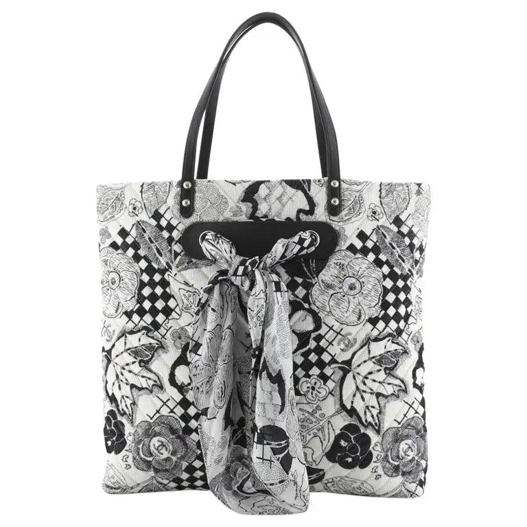 Chanel Camellia Quilted Corduroy & Silk Scarf Tote Bag