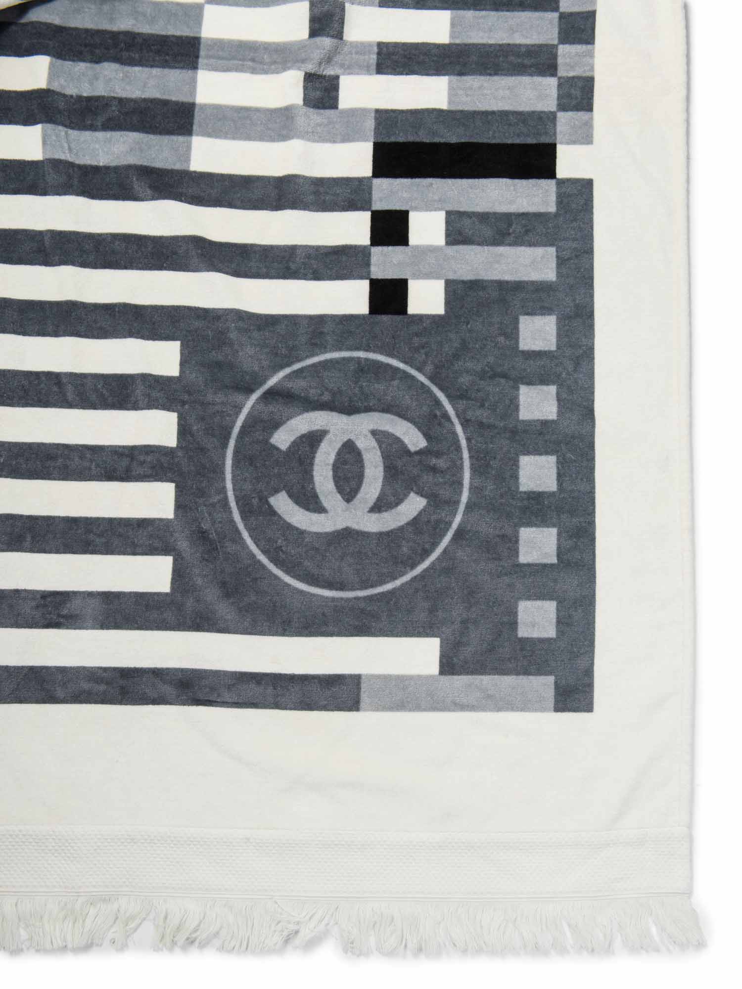 Chanel Cotton CC Logo Fringe Extra Large Towel White Grey Black