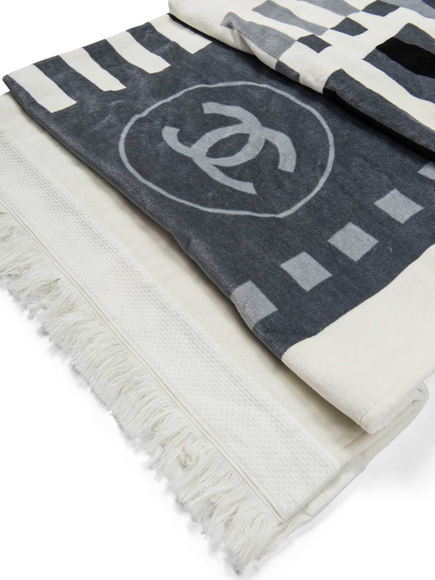 Chanel Cotton CC Logo Fringe Extra Large Towel White Grey Black
