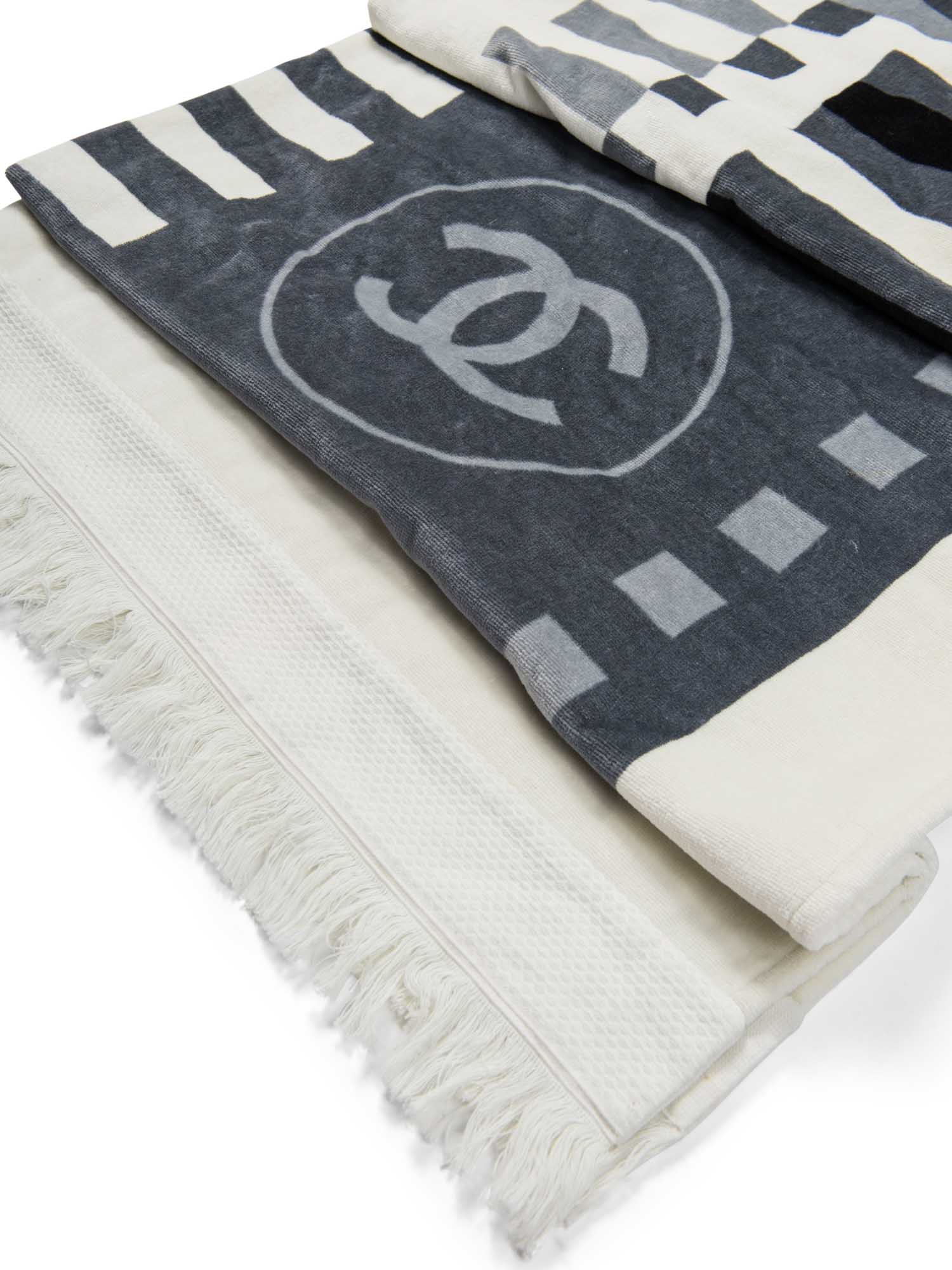 Chanel Cotton CC Logo Fringe Extra Large Towel White Grey Black