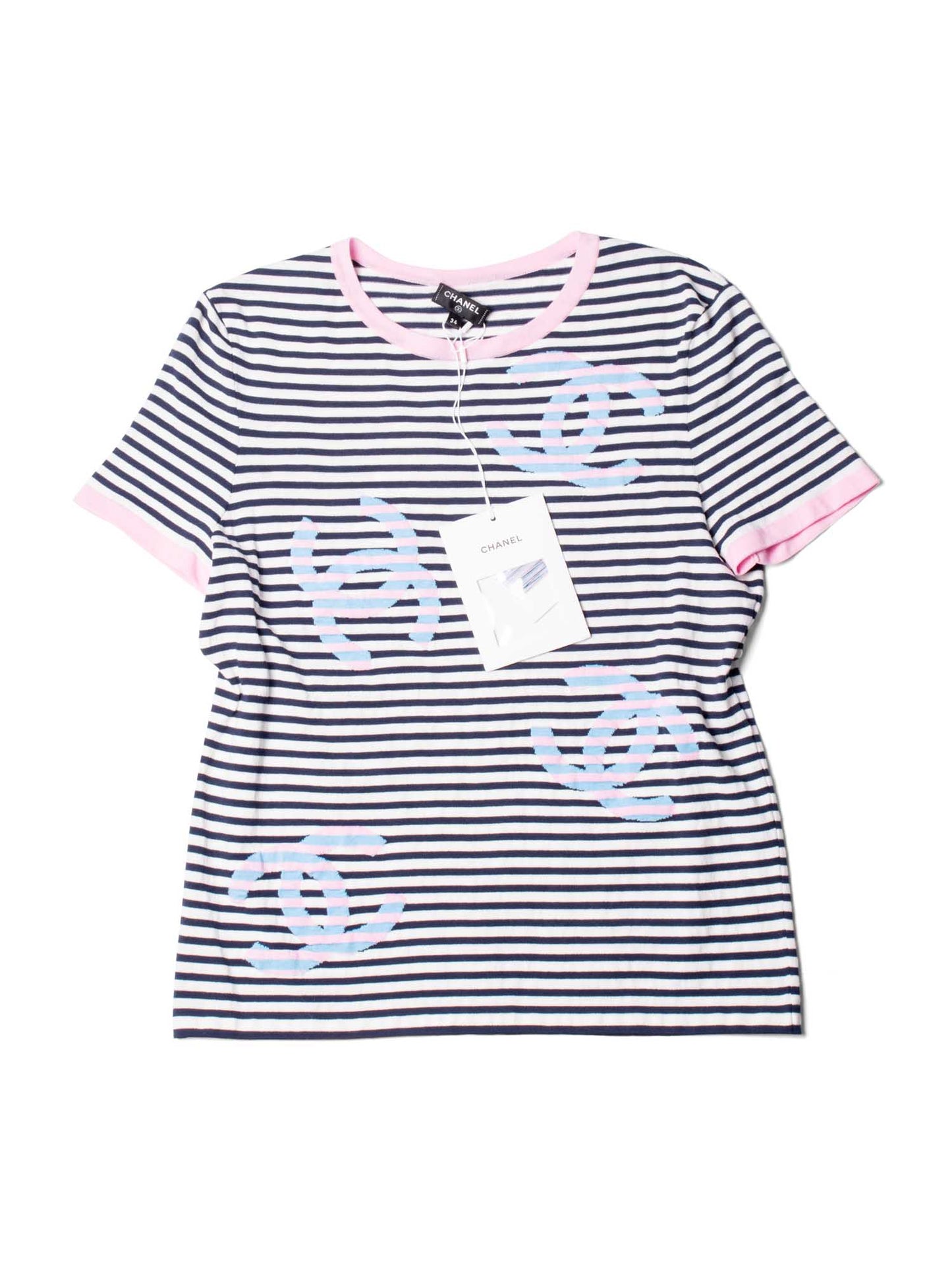 Chanel Cotton CC Logo Stripe La Pausa Top Blue Pink