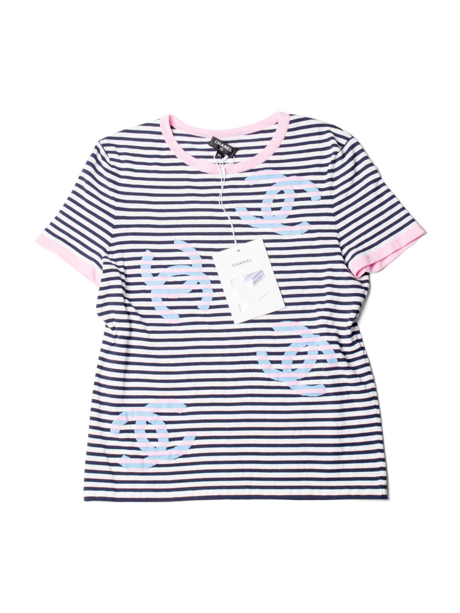 Chanel Cotton CC Logo Stripe La Pausa Top Blue Pink