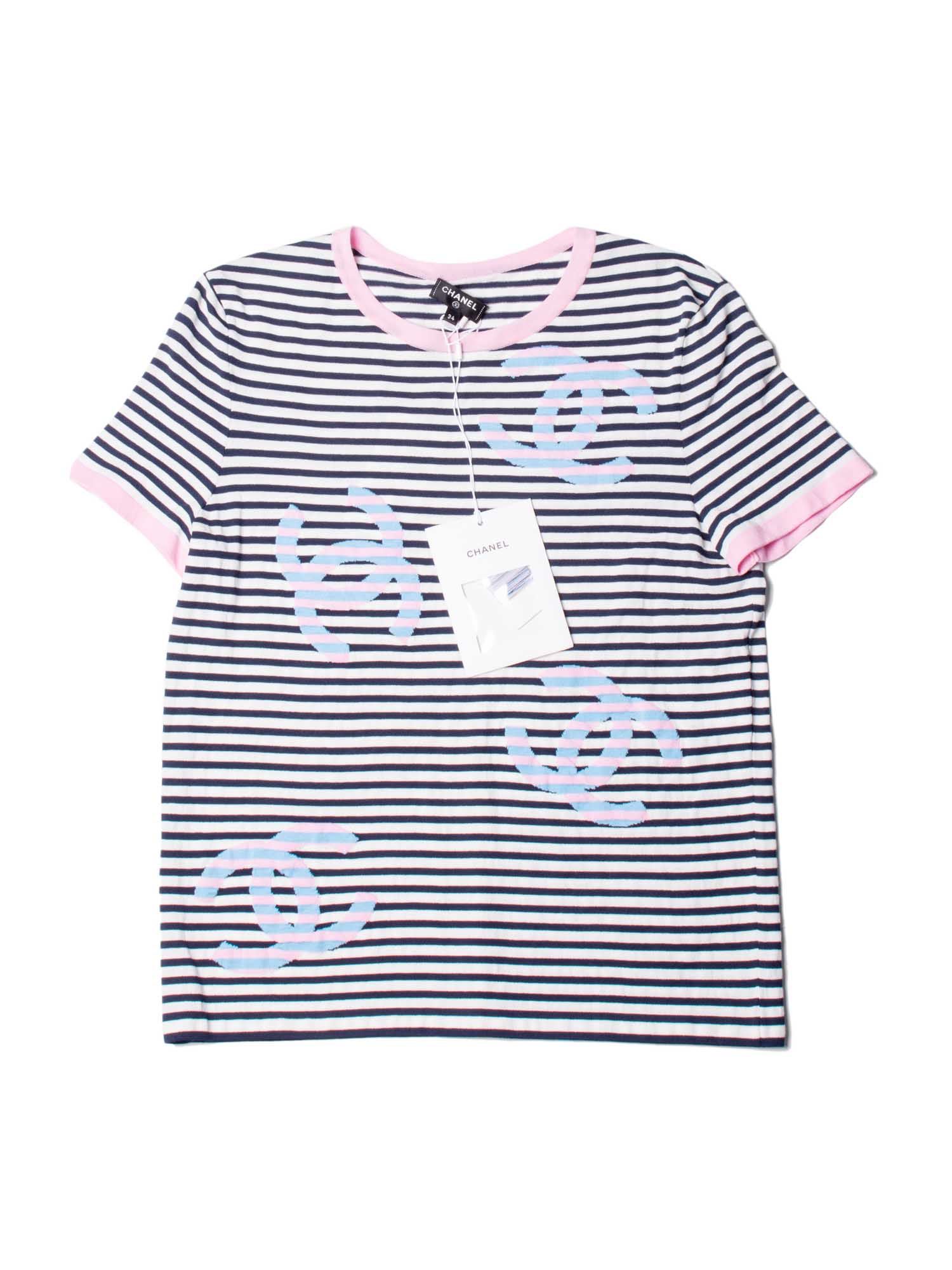 Chanel Cotton CC Logo Stripe La Pausa Top Blue Pink