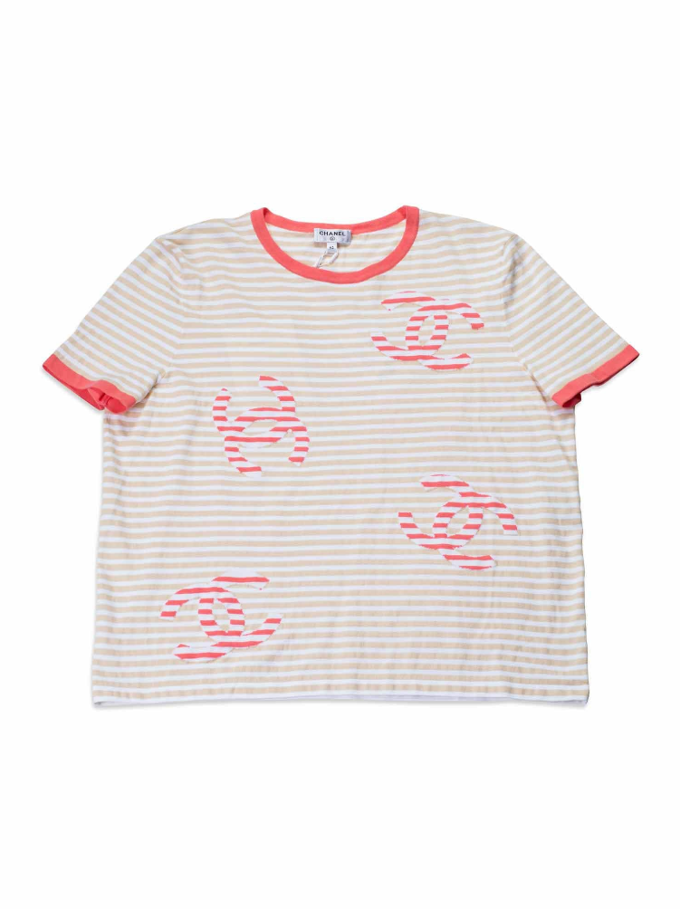 Chanel Cotton CC Logo Stripe Top Tan Pink EU