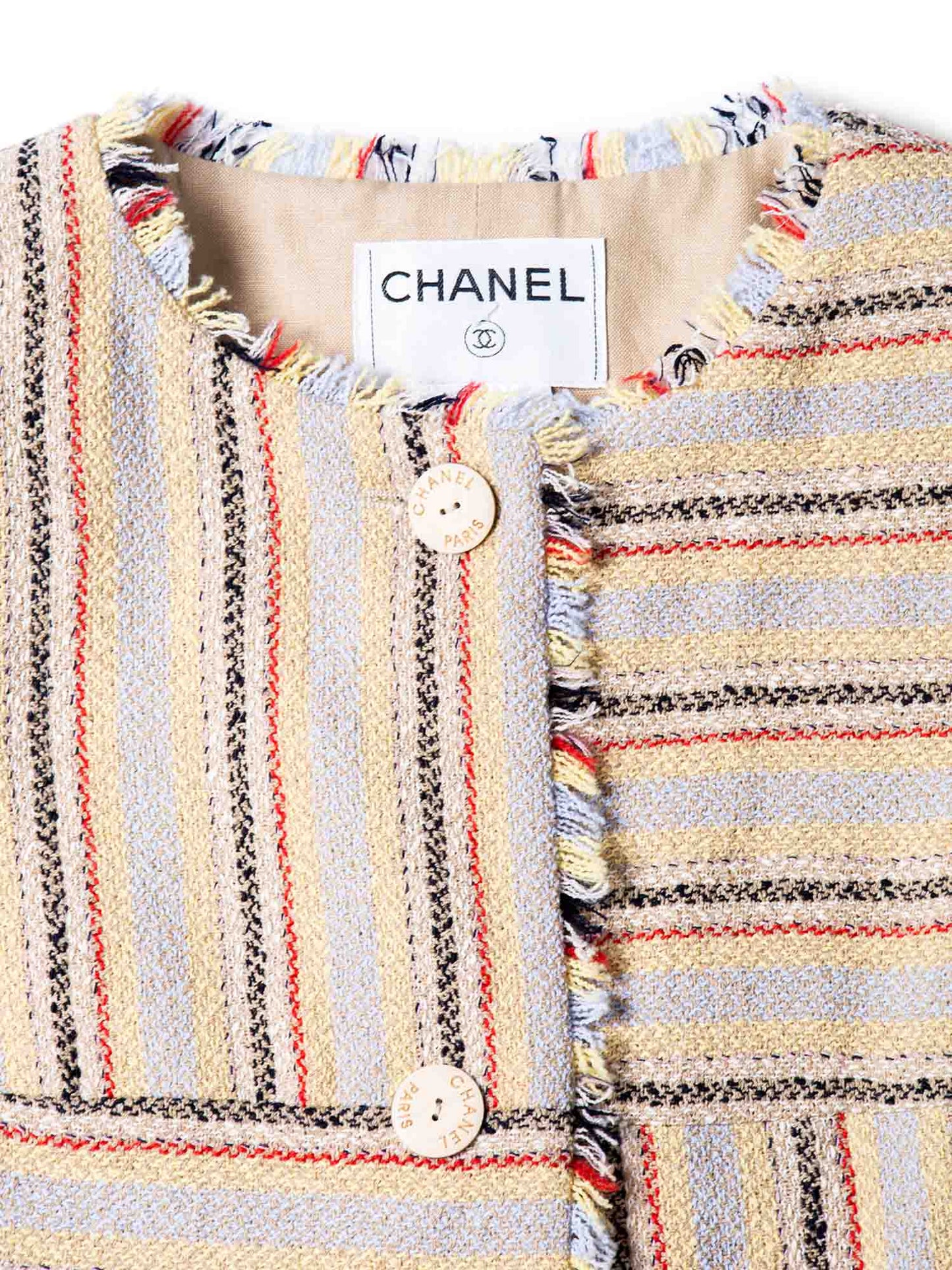 Chanel Cotton Tweed Fringe Striped Jacket Multicolor