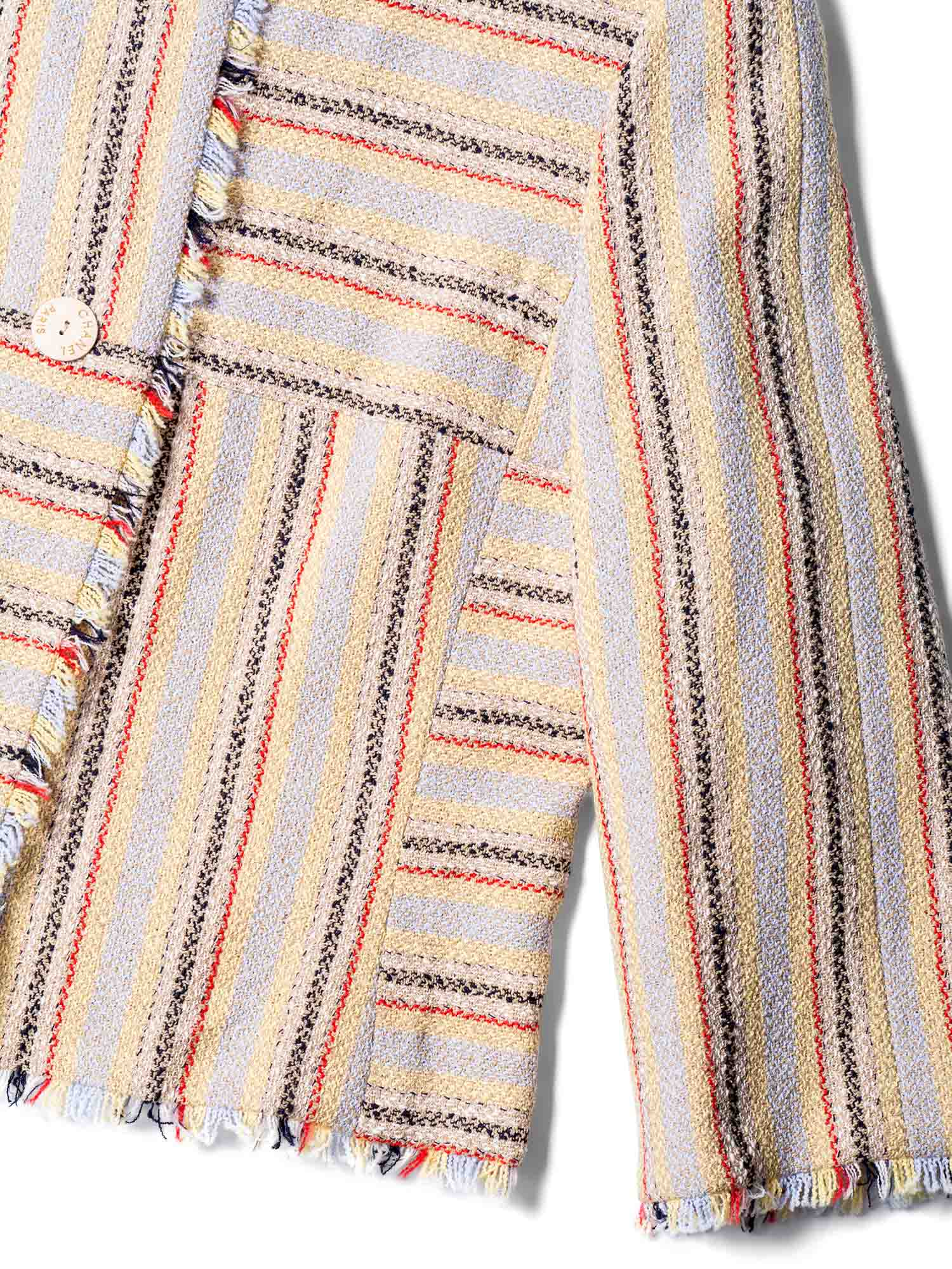 Chanel Cotton Tweed Fringe Striped Jacket Multicolor