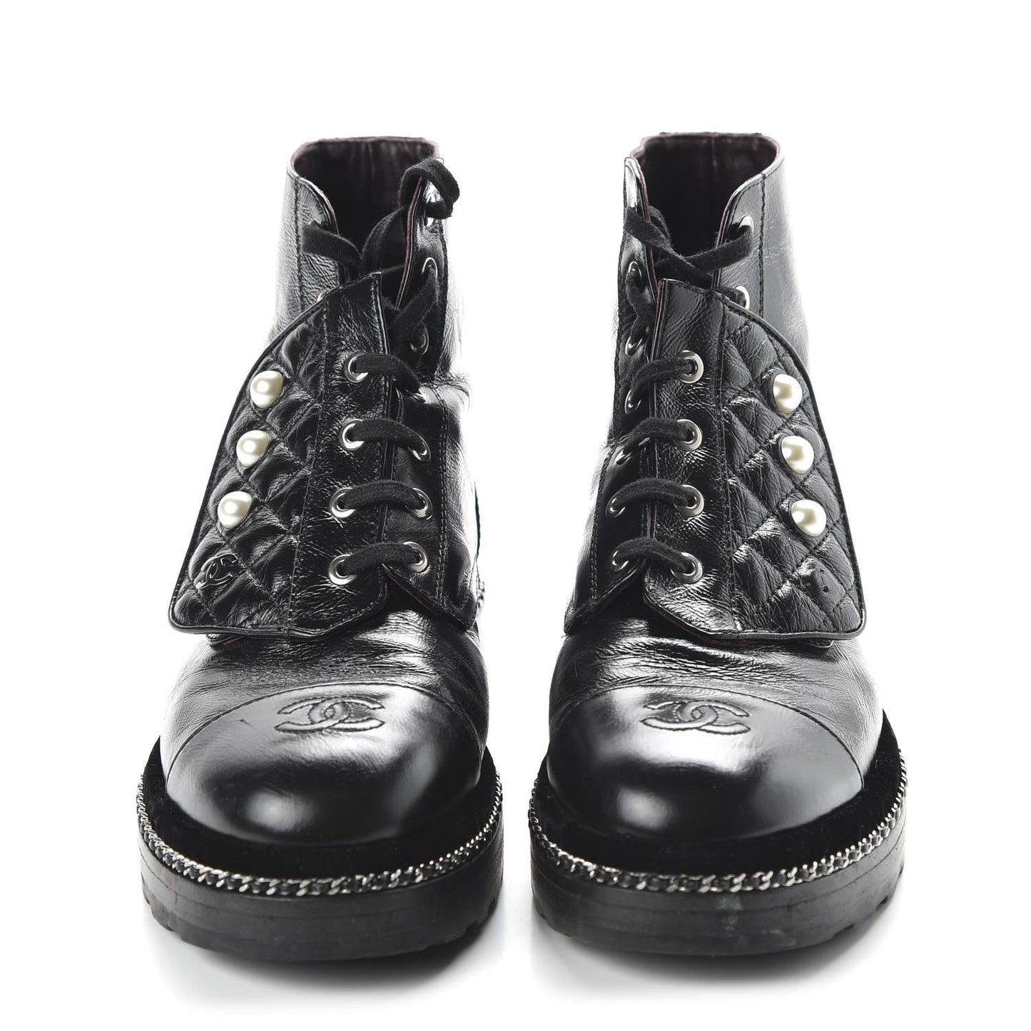 CHANEL CRACKLED CALFSKIN LEATHER VELVET PEARL COMBAT BOOTS