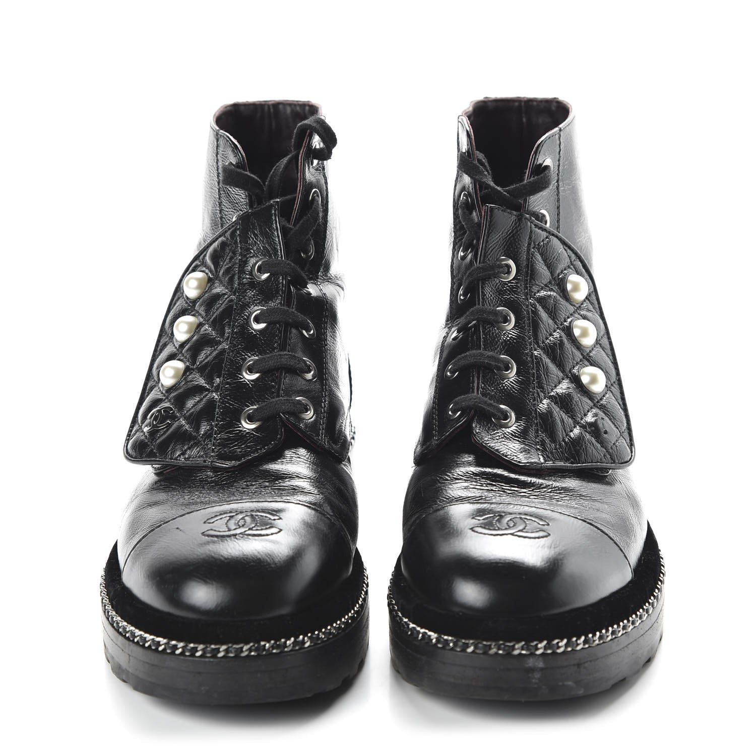 CHANEL CRACKLED CALFSKIN LEATHER VELVET PEARL COMBAT BOOTS