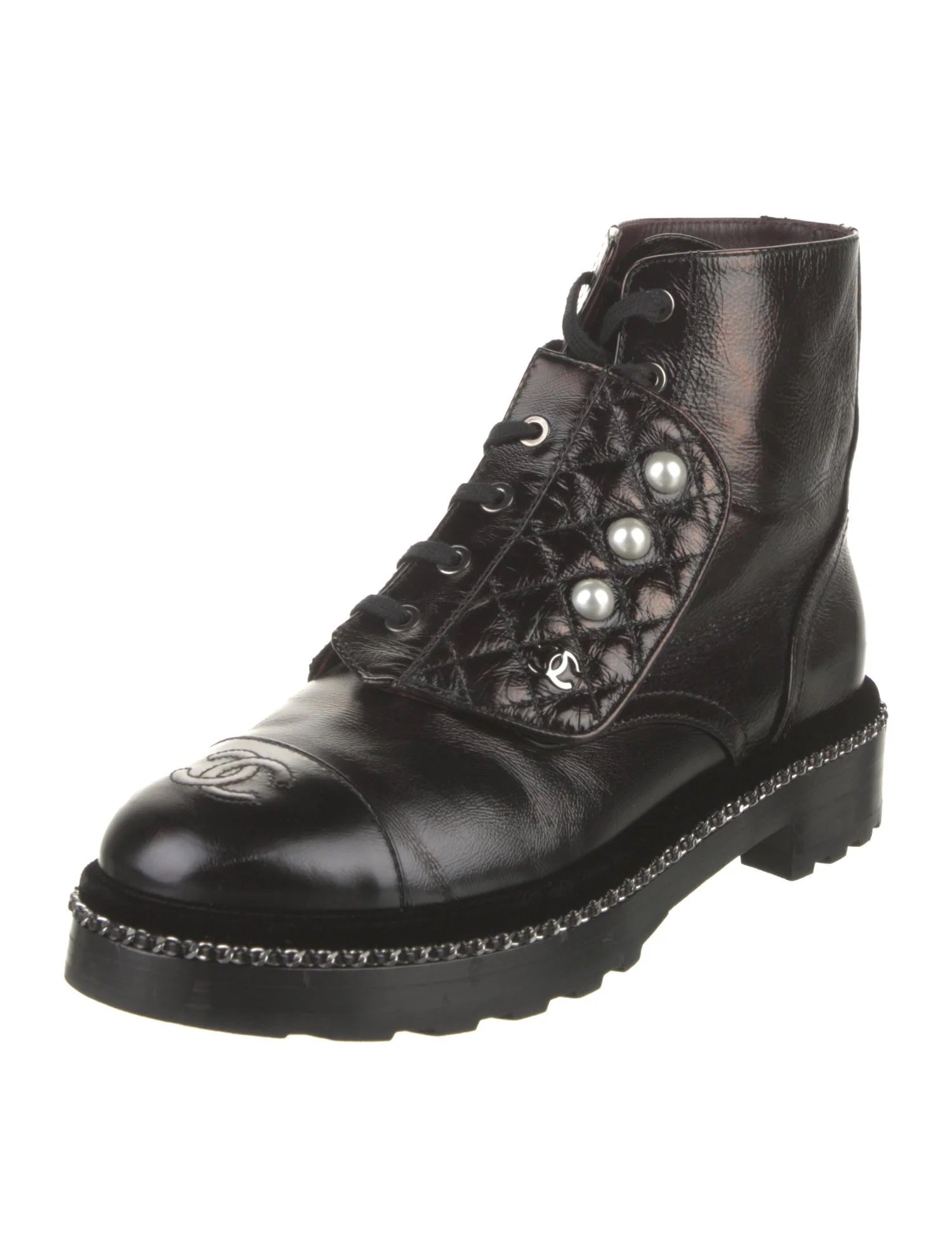 CHANEL CRACKLED CALFSKIN LEATHER VELVET PEARL COMBAT BOOTS
