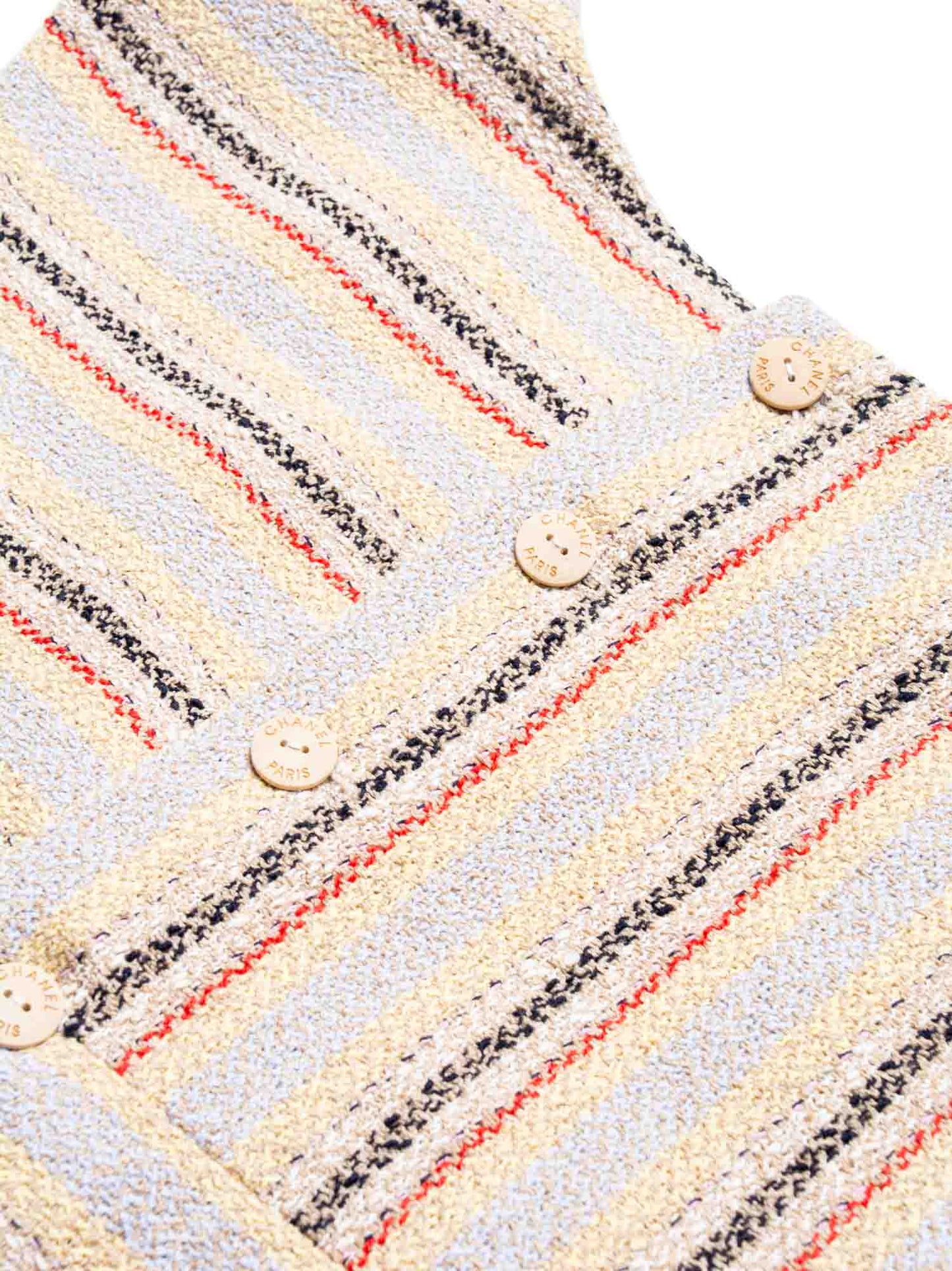 Chanel Cruise CC Logo Wooden Buttons Tweed Fringy Top Beige