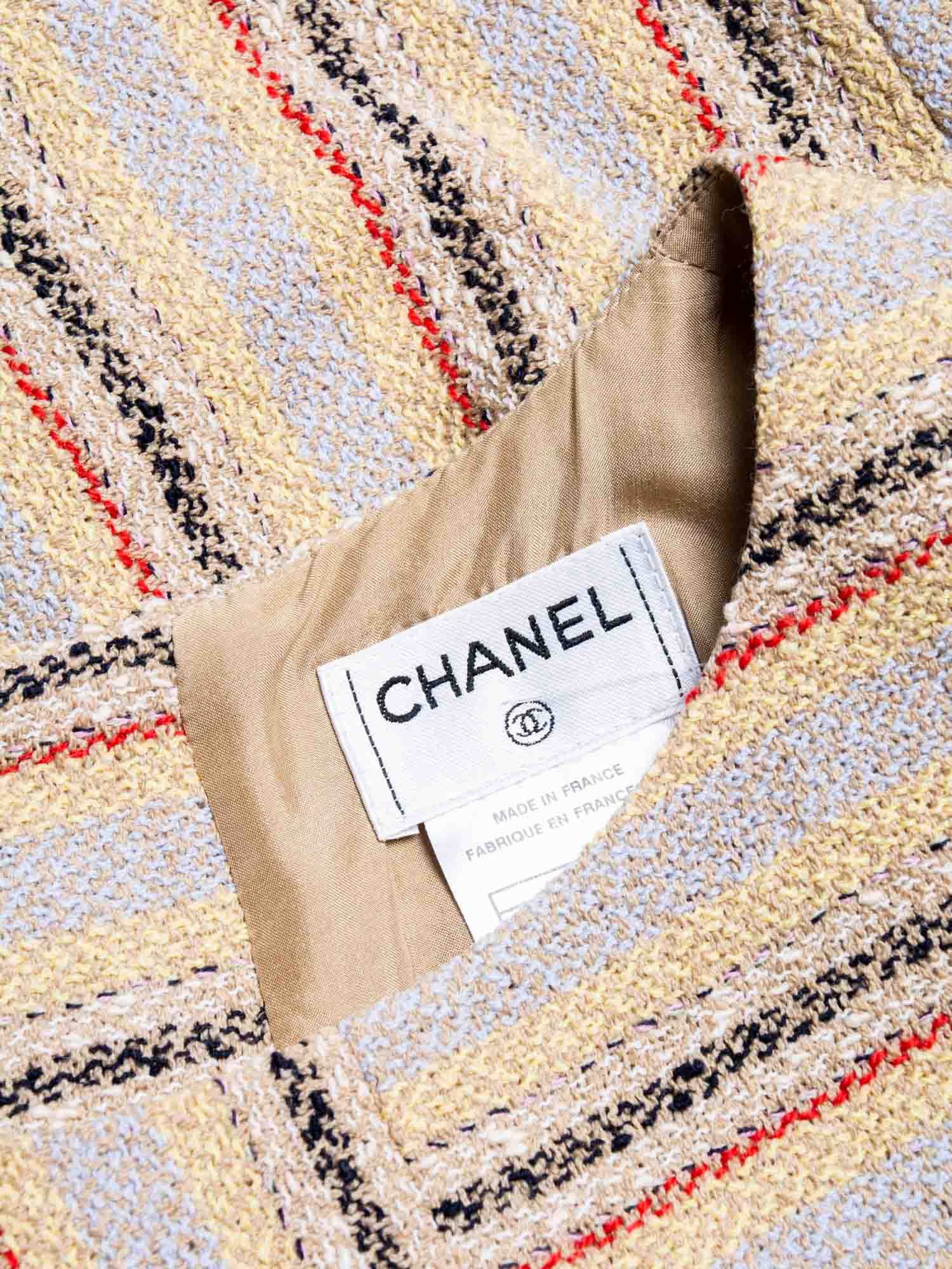 Chanel Cruise CC Logo Wooden Buttons Tweed Fringy Top Beige