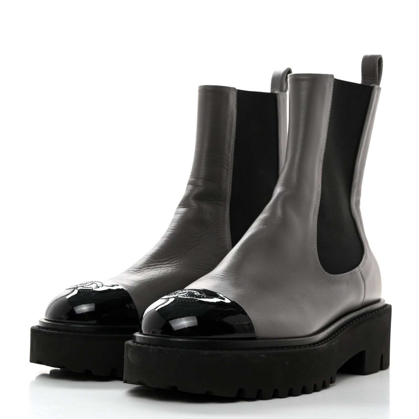 CHANEL CC CRUMPLED CALFSKIN PATENT CAP TOE CHELSEA BOOTS