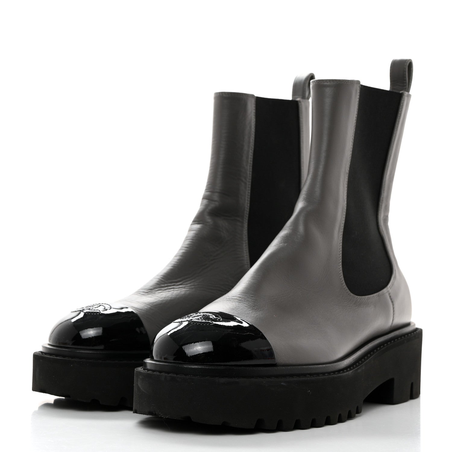 CHANEL CC CRUMPLED CALFSKIN PATENT CAP TOE CHELSEA BOOTS
