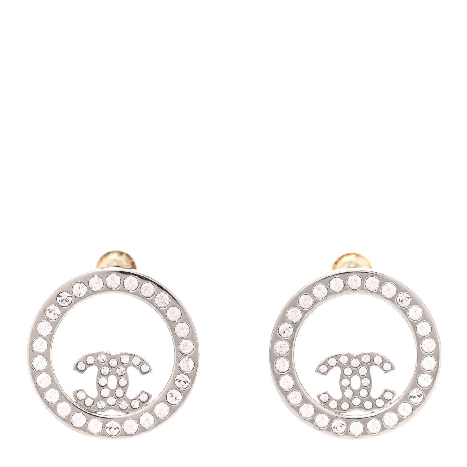 CHANEL CC CRYSTAL ROUND SILVER STUD EARRINGS