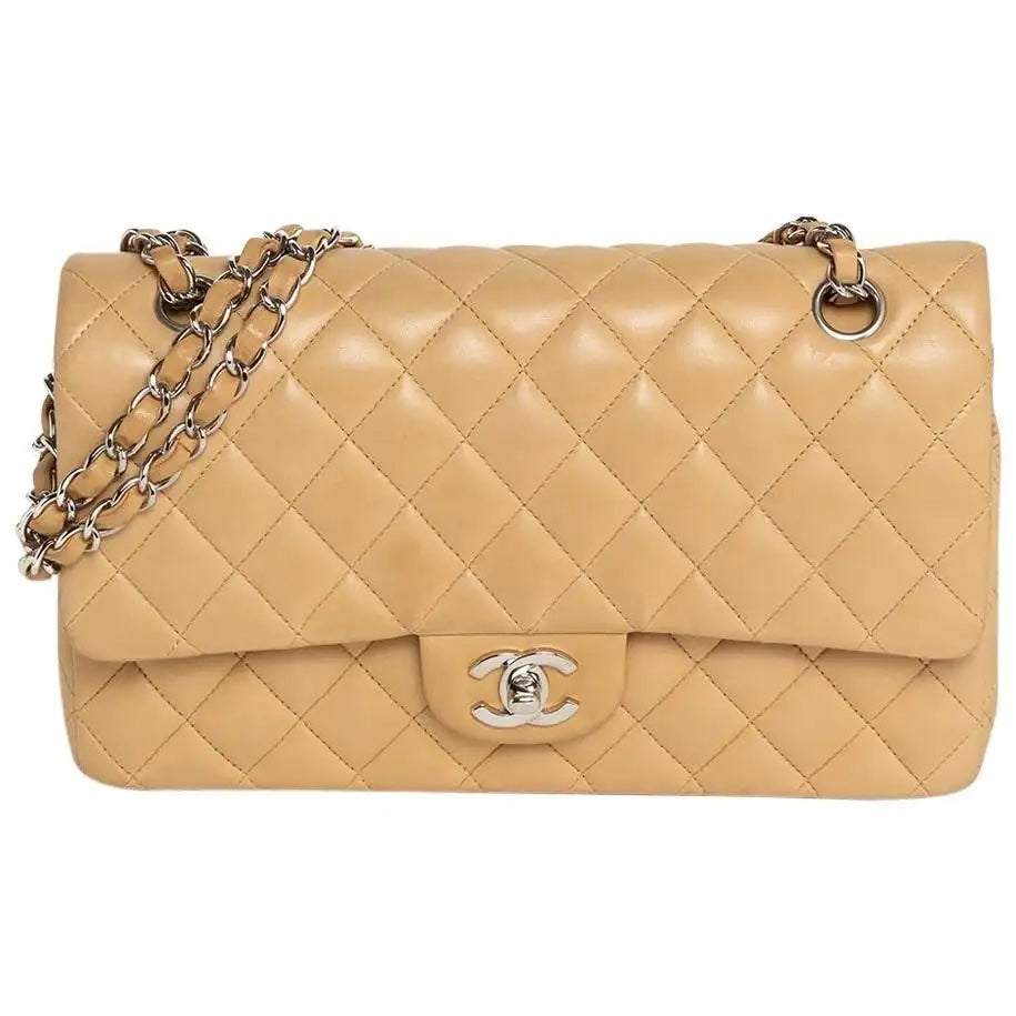 Chanel QUILTED LAMBSKIN DOUBLE FLAP Beige Shoulder Bag