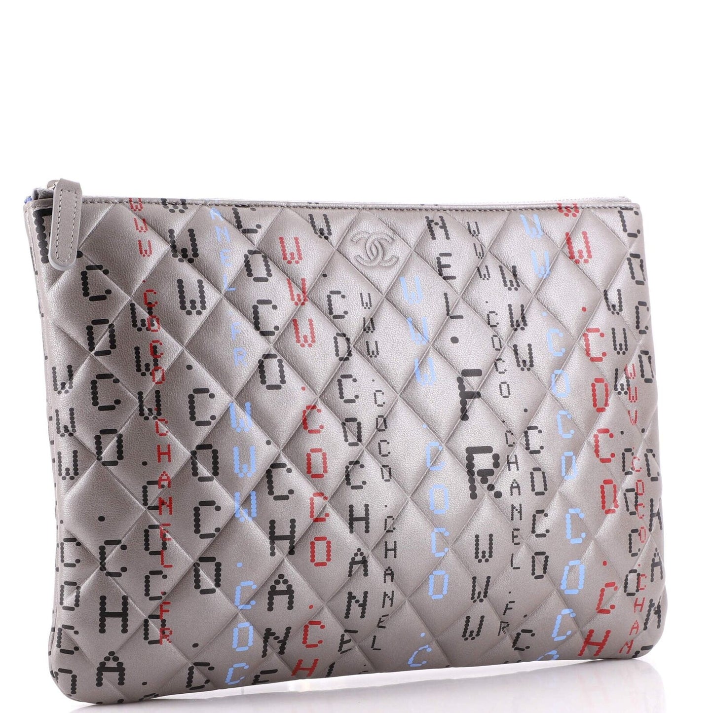 Chanel Metallic Silver Quilted Lambskin Printed Data Center O Clutch Hs