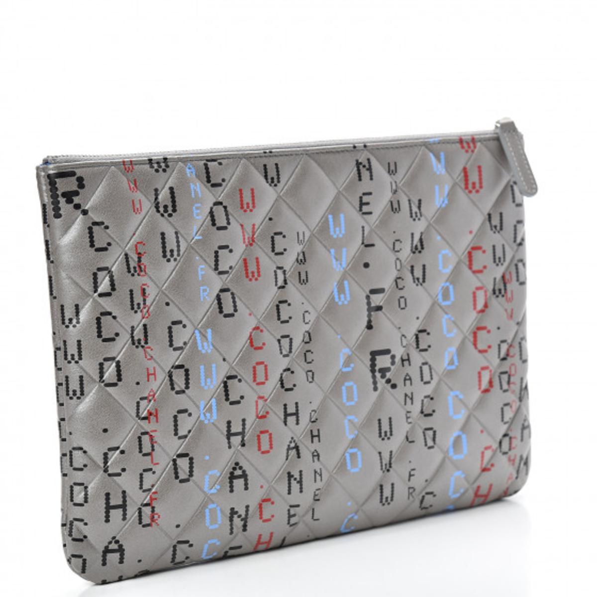 Chanel Metallic Silver Quilted Lambskin Printed Data Center O Clutch Hs