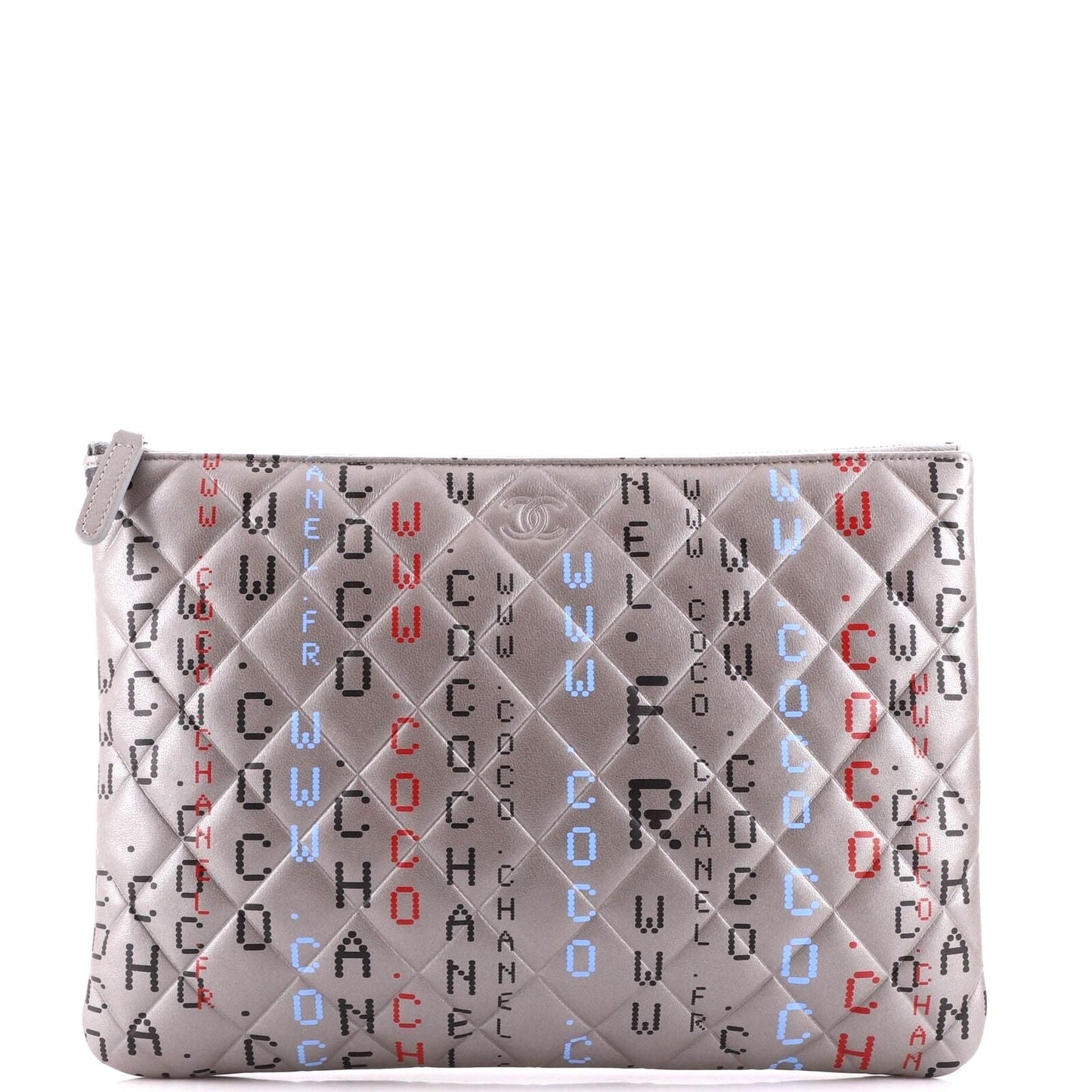 Chanel Metallic Silver Quilted Lambskin Printed Data Center O Clutch Hs