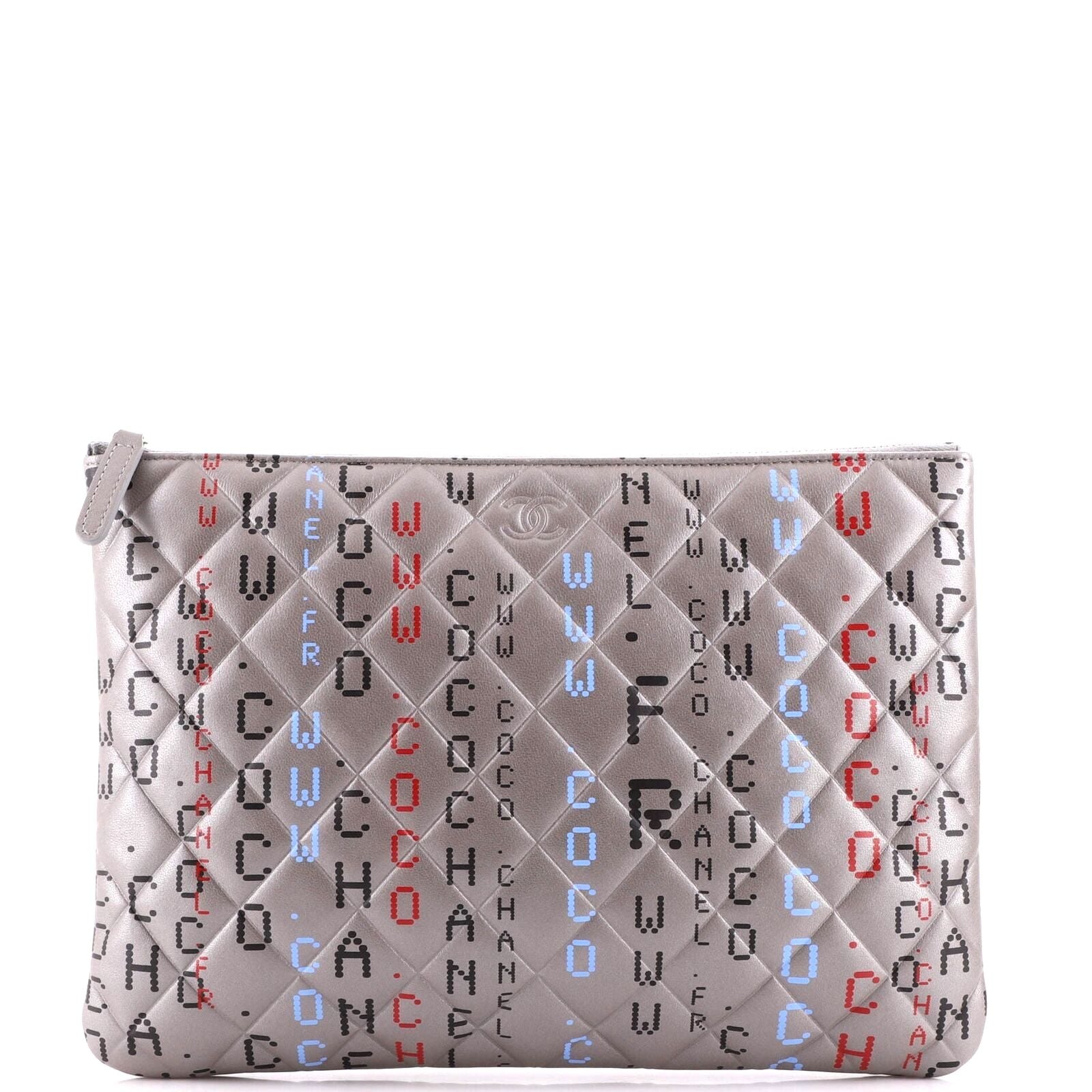 Chanel Metallic Silver Quilted Lambskin Printed Data Center O Clutch Hs