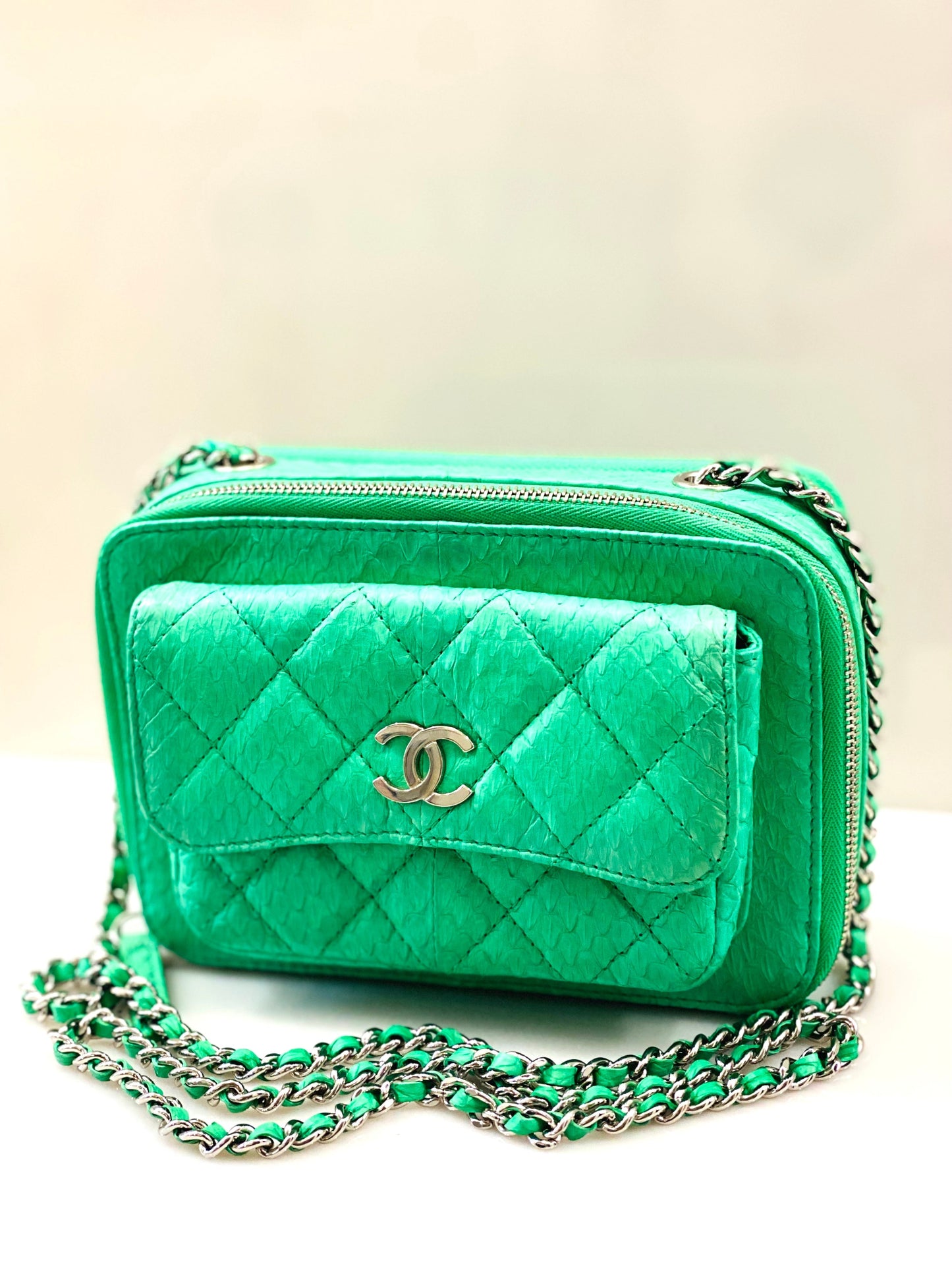 Chanel DOUBLE ZIP EMBOSSED CAMERA Small Leather Crossbody Bag