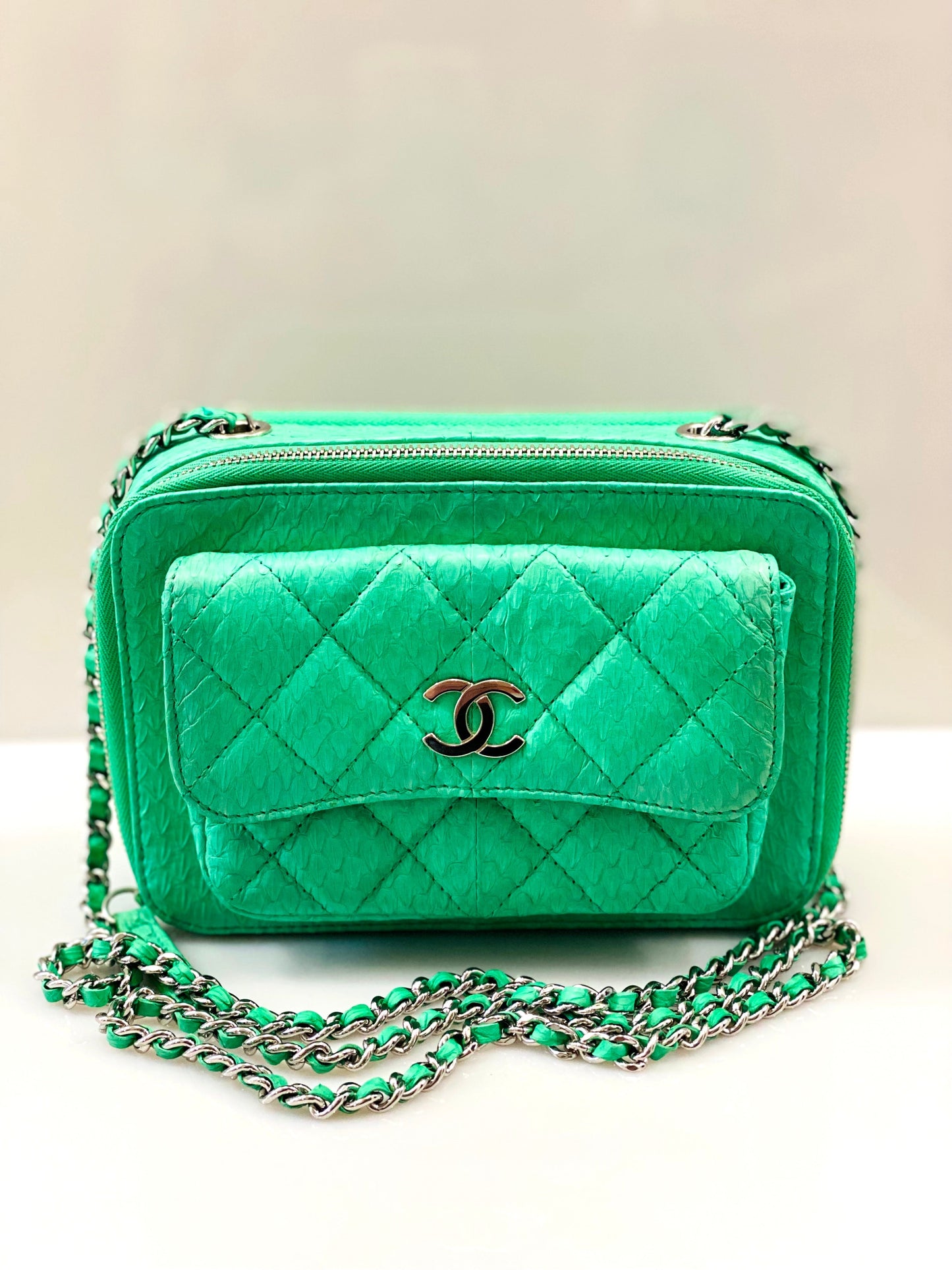 Chanel DOUBLE ZIP EMBOSSED CAMERA Small Leather Crossbody Bag
