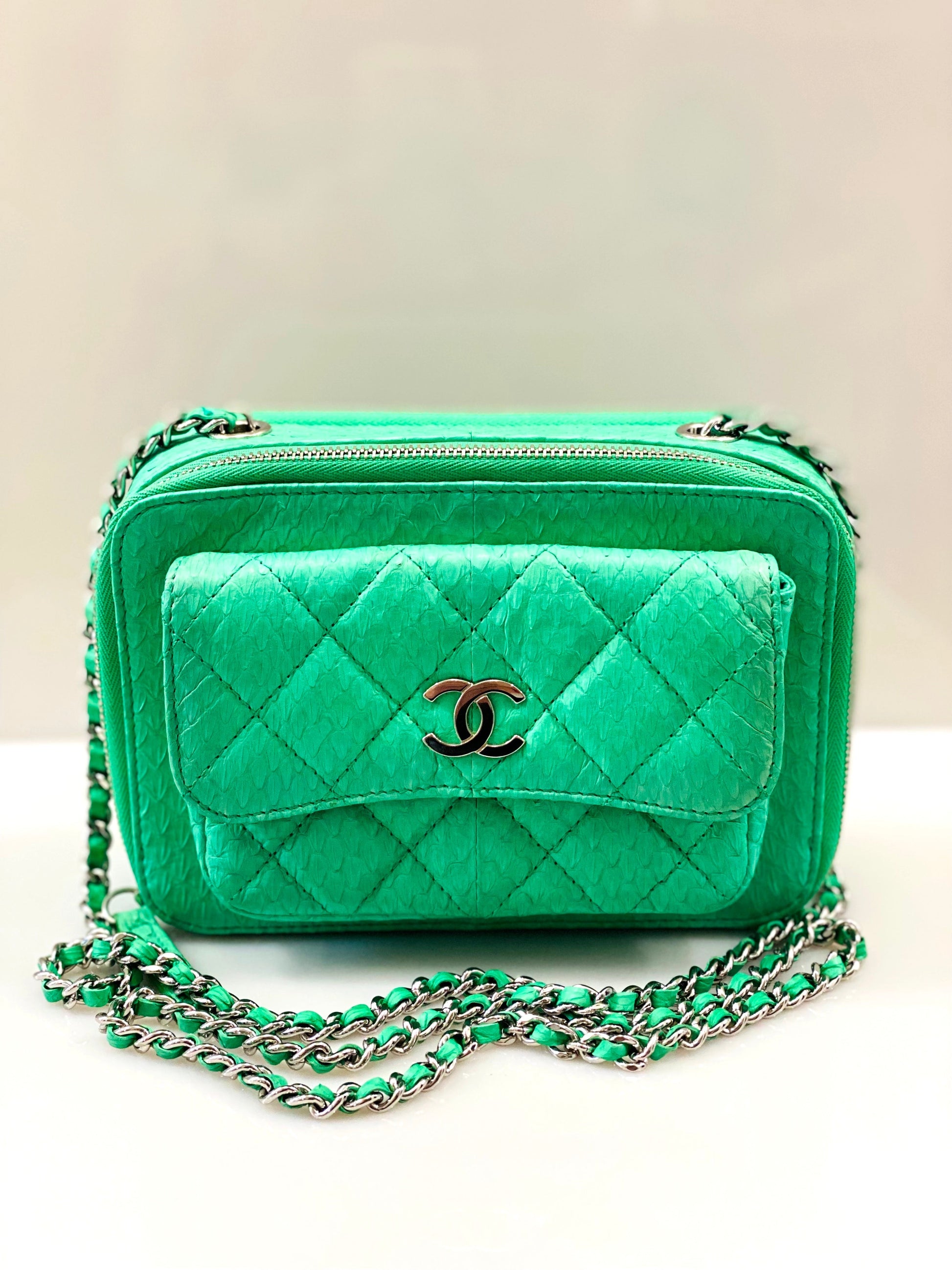 Chanel DOUBLE ZIP EMBOSSED CAMERA Small Leather Crossbody Bag