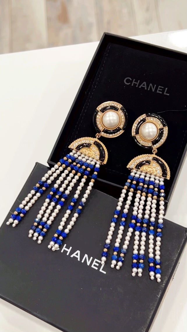 Chanel Lapis Lazuli Faux Pearl & Strass Cc Chandelier Earrings