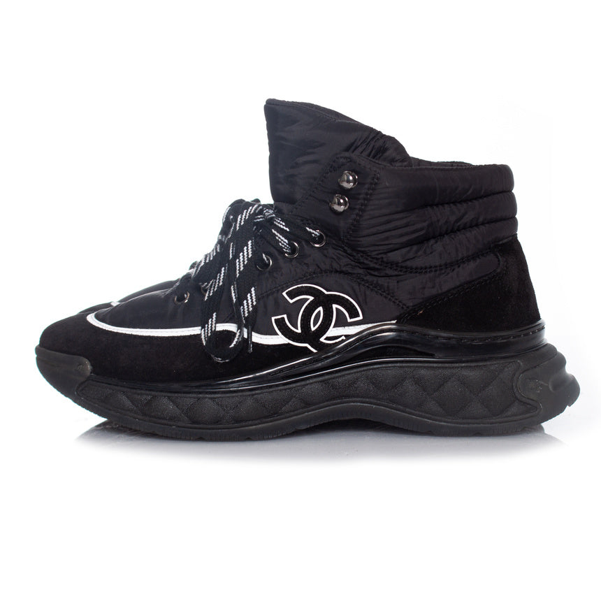 Chanel Suede Calfskin Mix Fabric CC Hi Top Sneakers for Women