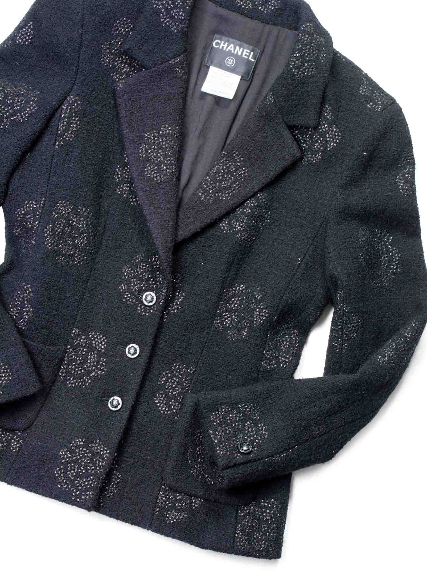 Chanel Fantasy Tweed Camellia Flower Embroidered Jacket Black