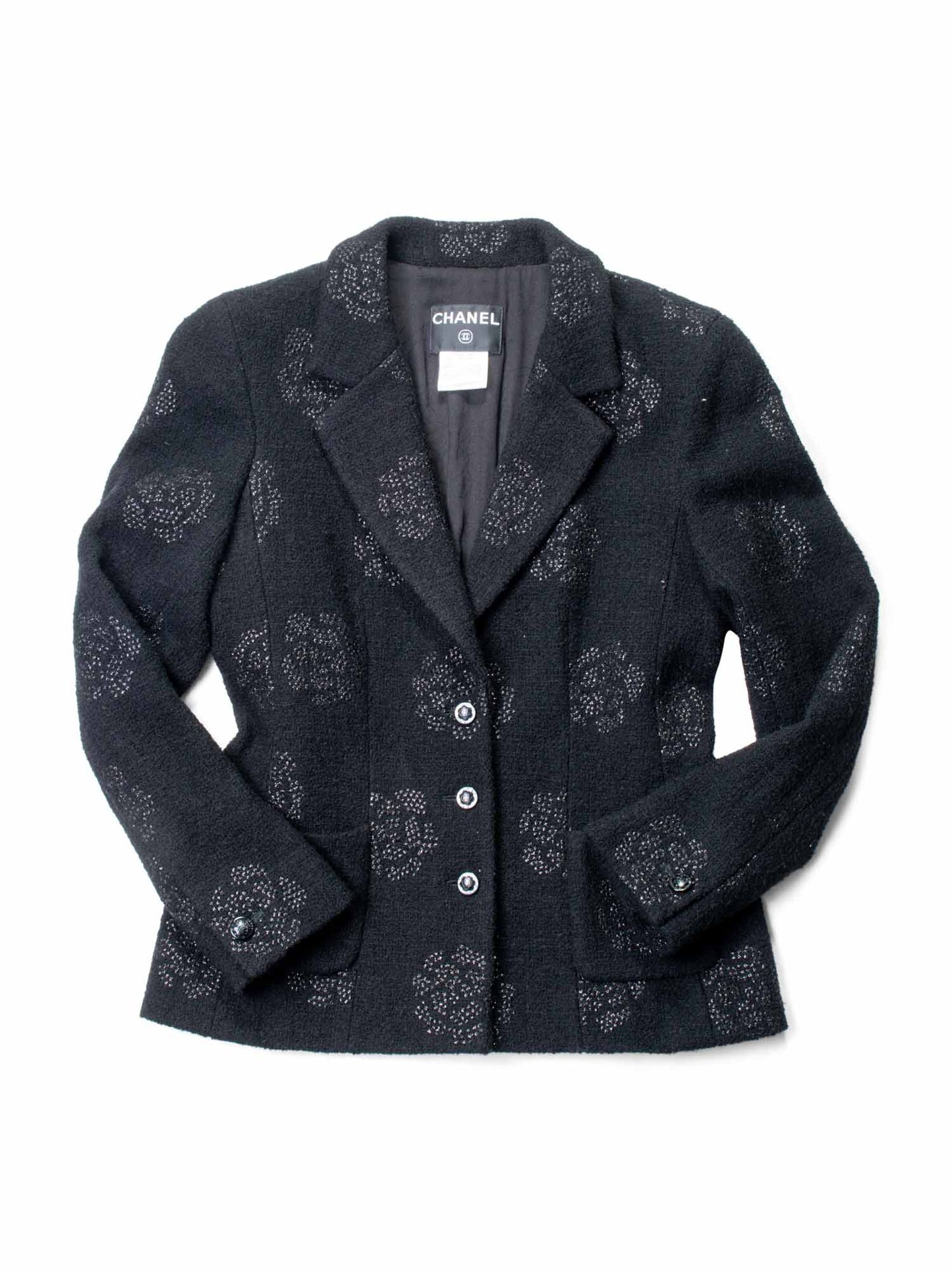 Chanel Fantasy Tweed Camellia Flower Embroidered Jacket Black
