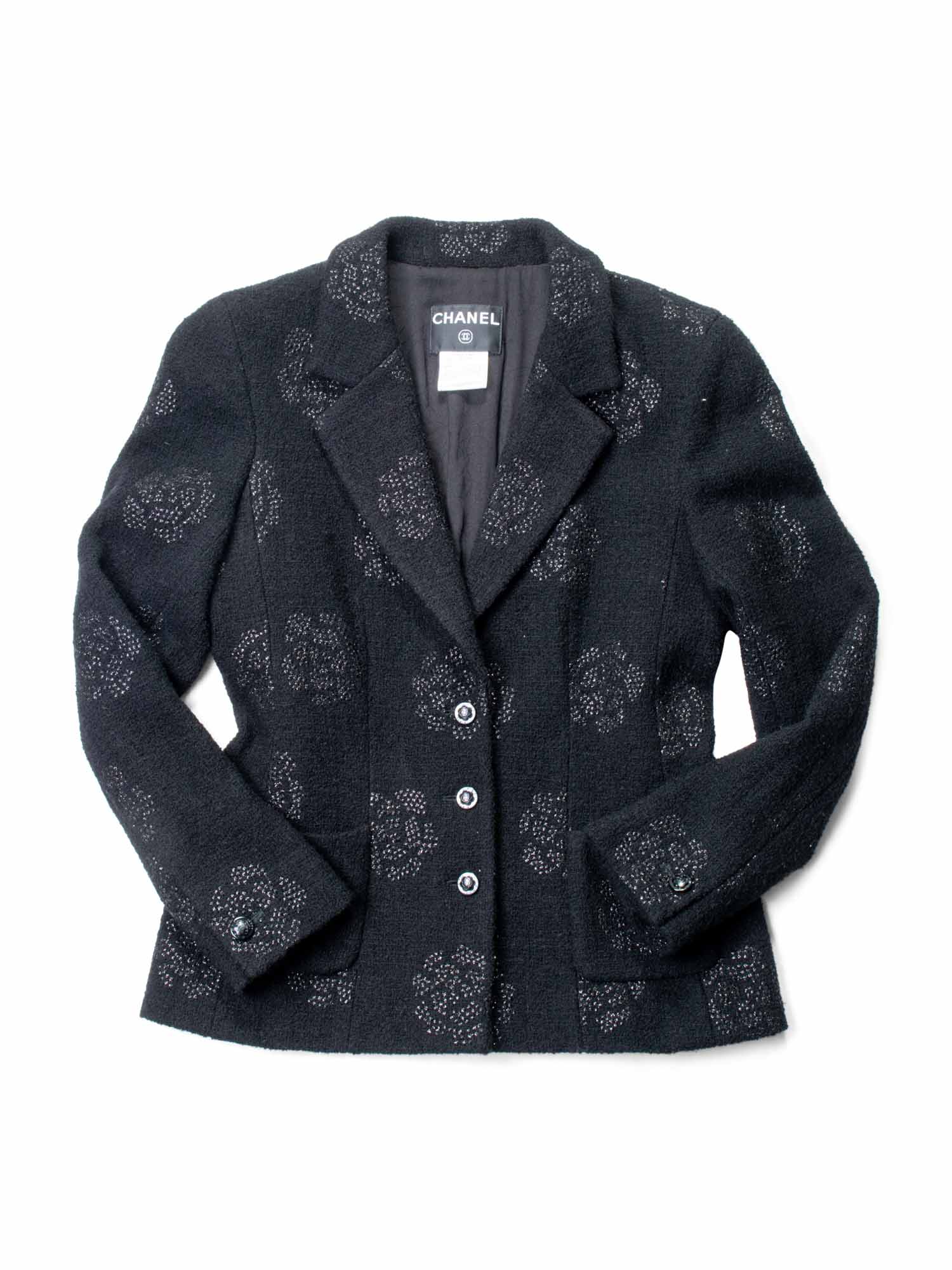 Chanel Fantasy Tweed Camellia Flower Embroidered Jacket Black
