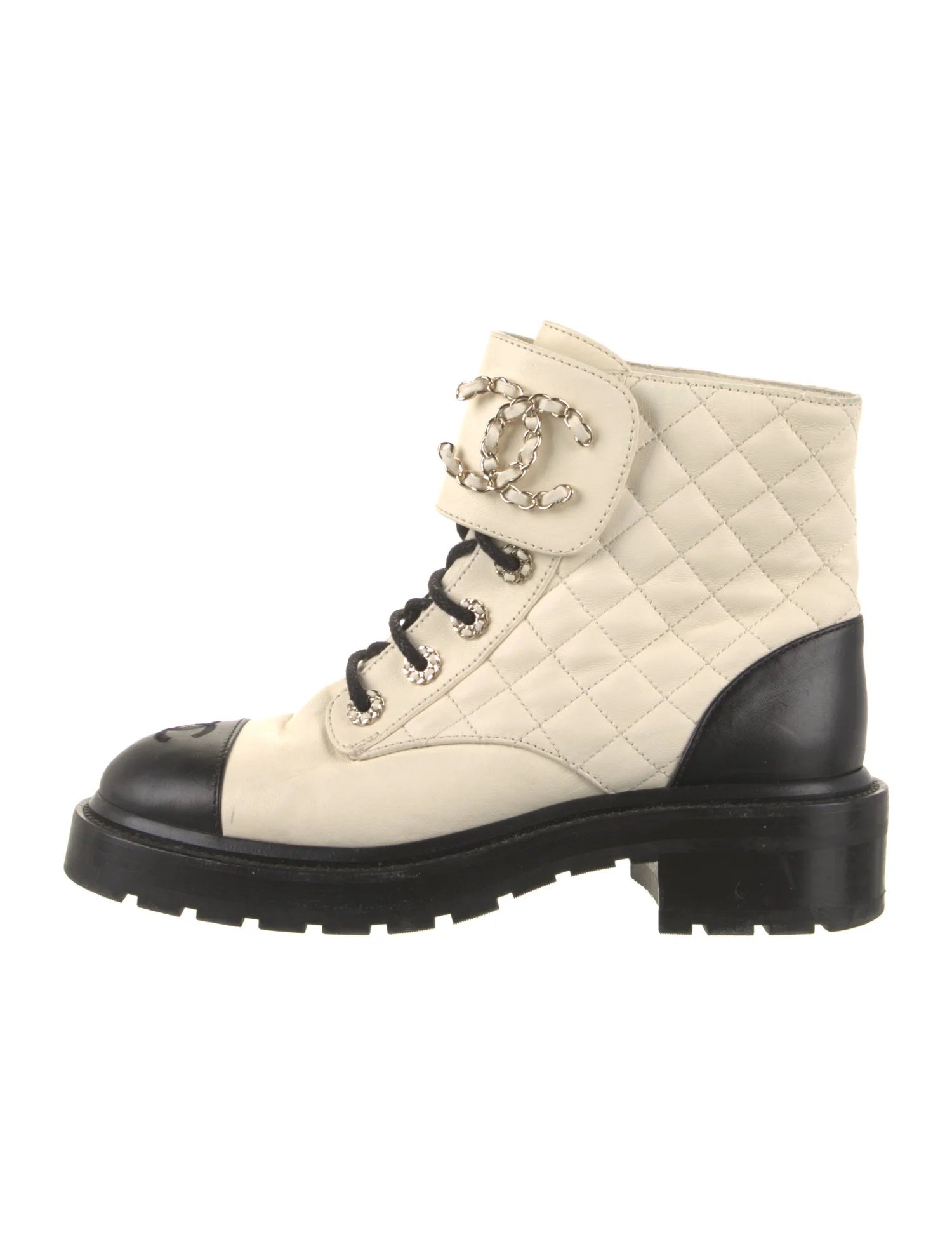Chanel Quilted Goatskin Calfskin Lace Up Combat Boots for Women