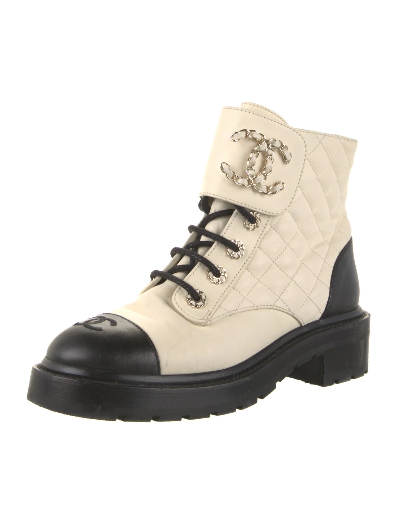 Chanel Quilted Goatskin Calfskin Lace Up Combat Boots for Women