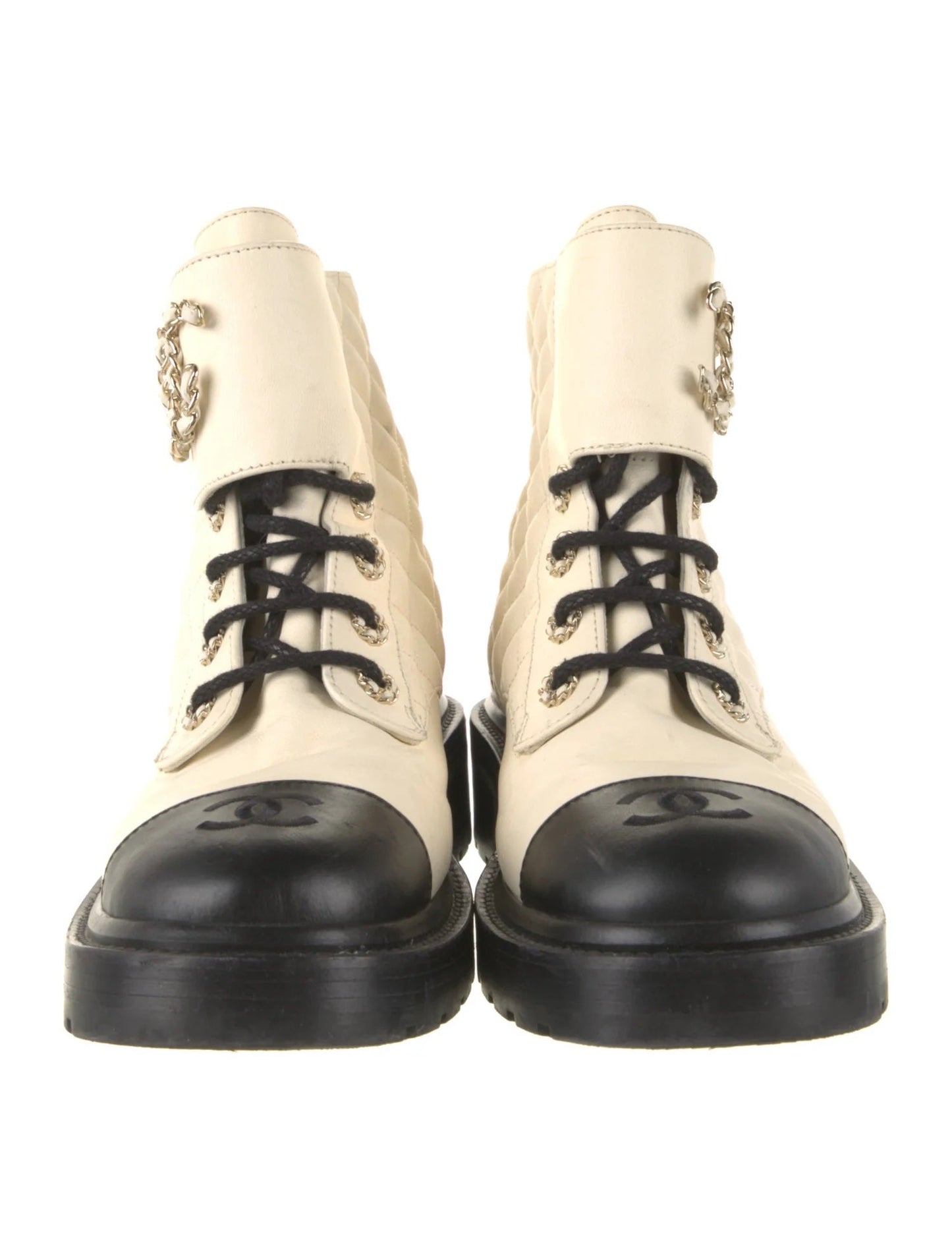 Chanel Quilted Goatskin Calfskin Lace Up Combat Boots for Women