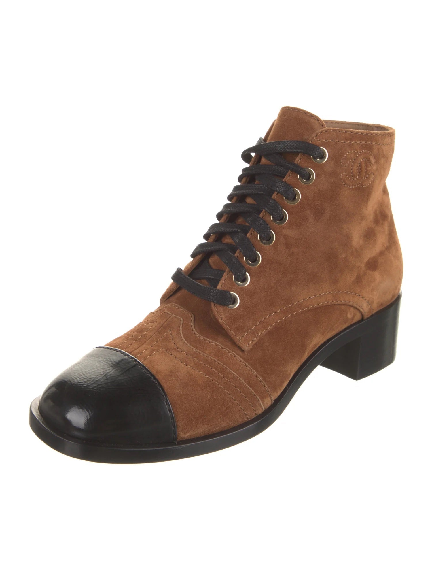 CHANEL INTERLOCKING CC LOGO LACE UP BOOTS