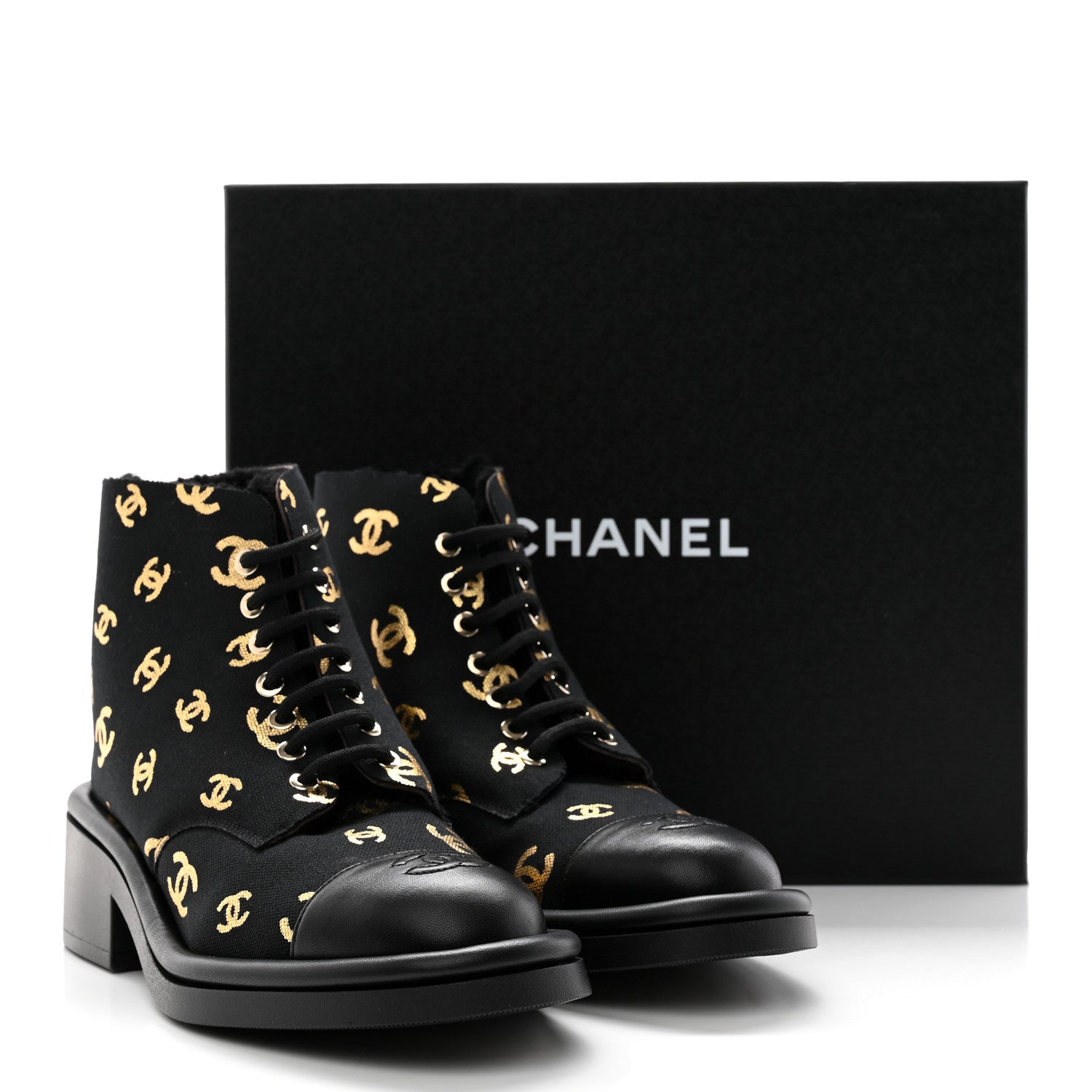 CHANEL LAMBSKIN CANVAS CC LACE-UP BOOTS