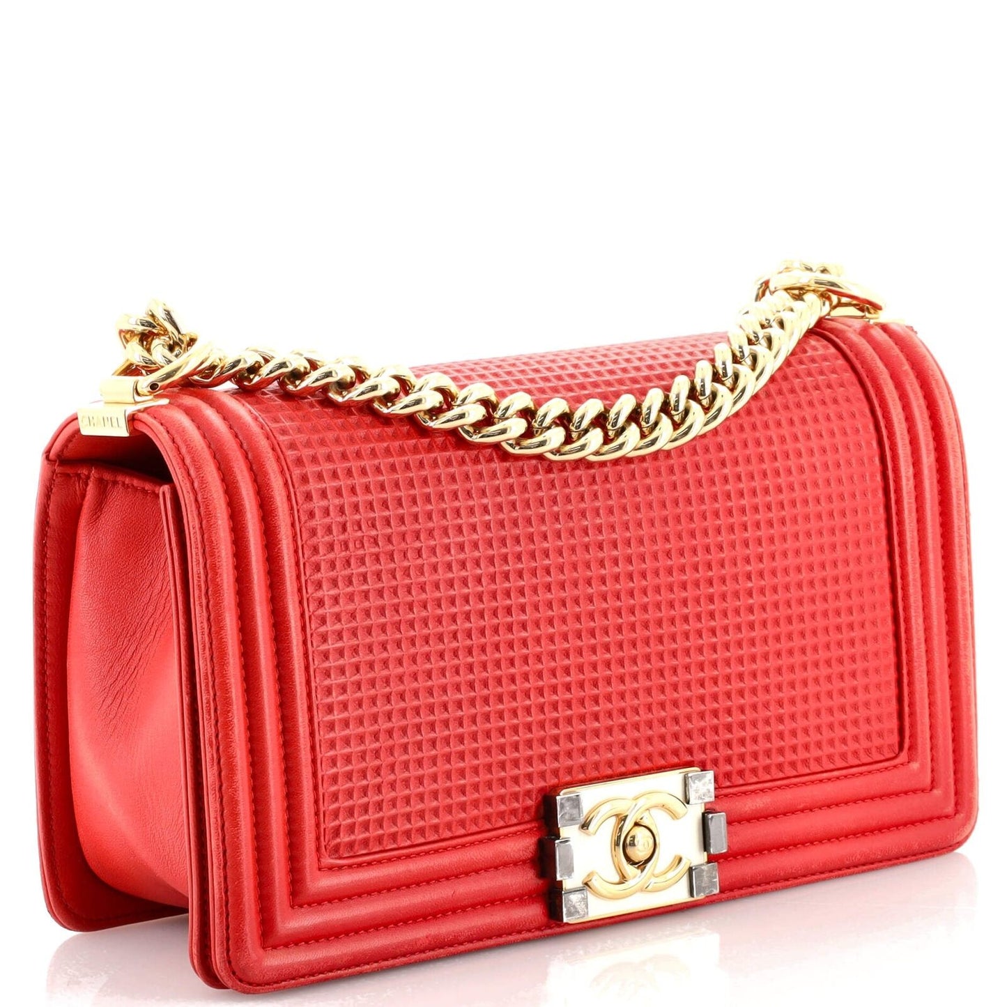 Chanel FLAP BOY CUBE EMBOSSED Red Leather Handbag