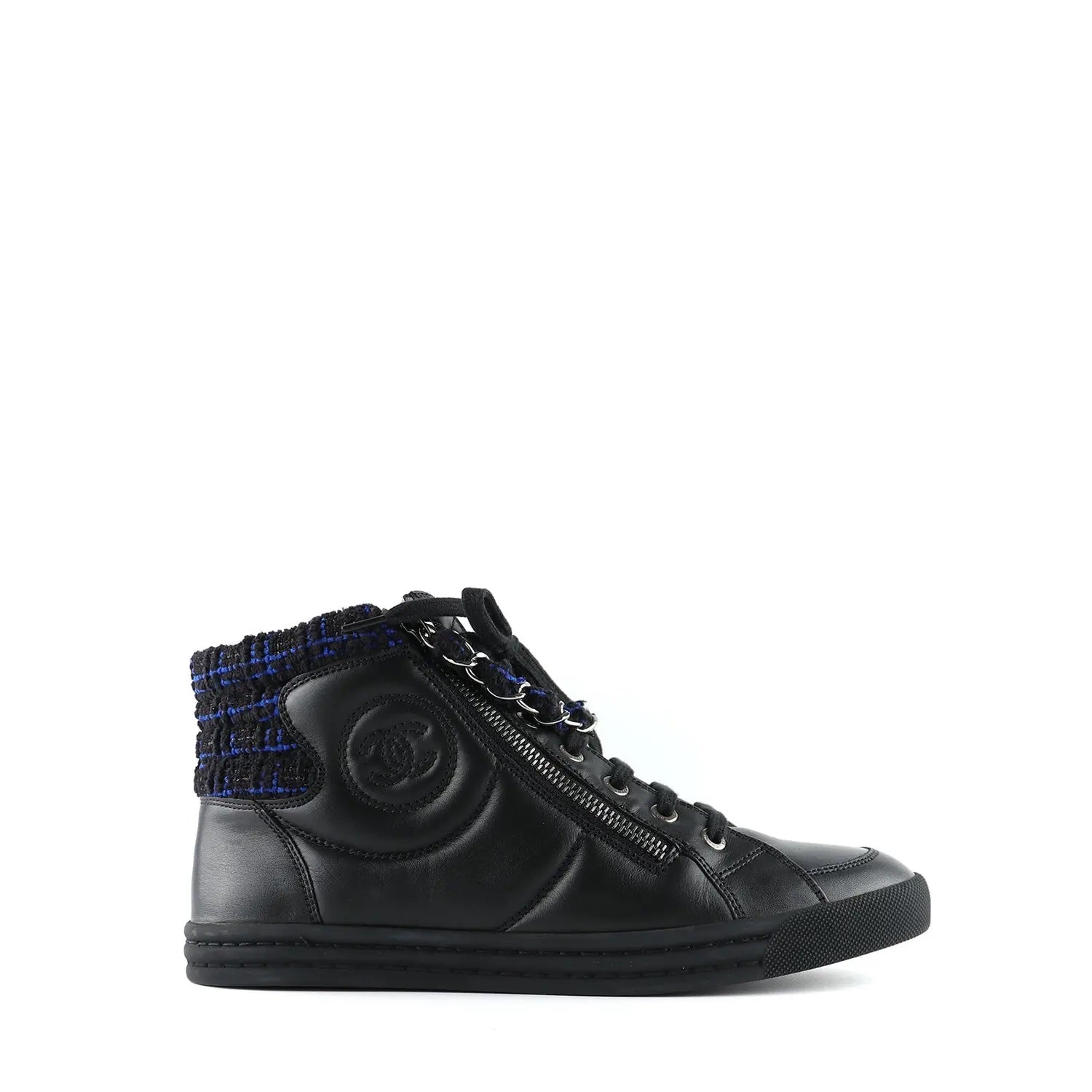 Chanel Lambskin Leather Tweed Zipped Hi Top Sneakers for Women