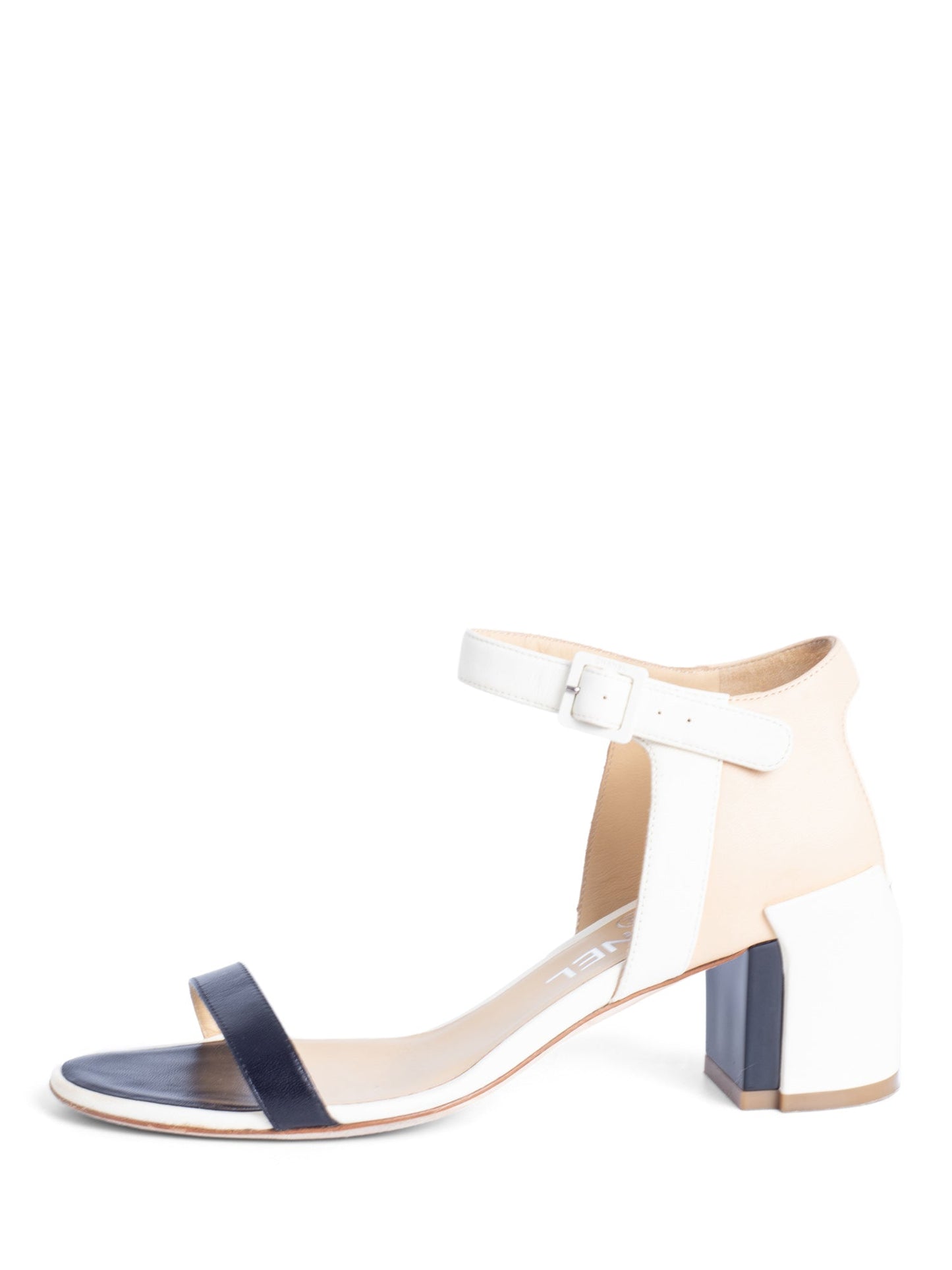 Chanel Leather CC Logo Block Heel Ankle Strap Sandals Ivory Tan Black