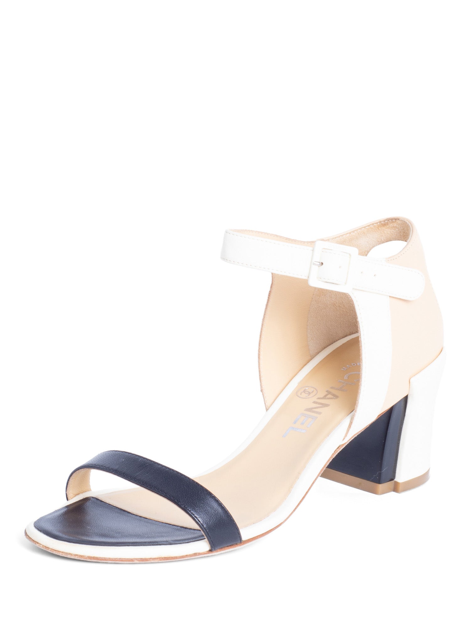 Chanel Leather CC Logo Block Heel Ankle Strap Sandals Ivory Tan Black