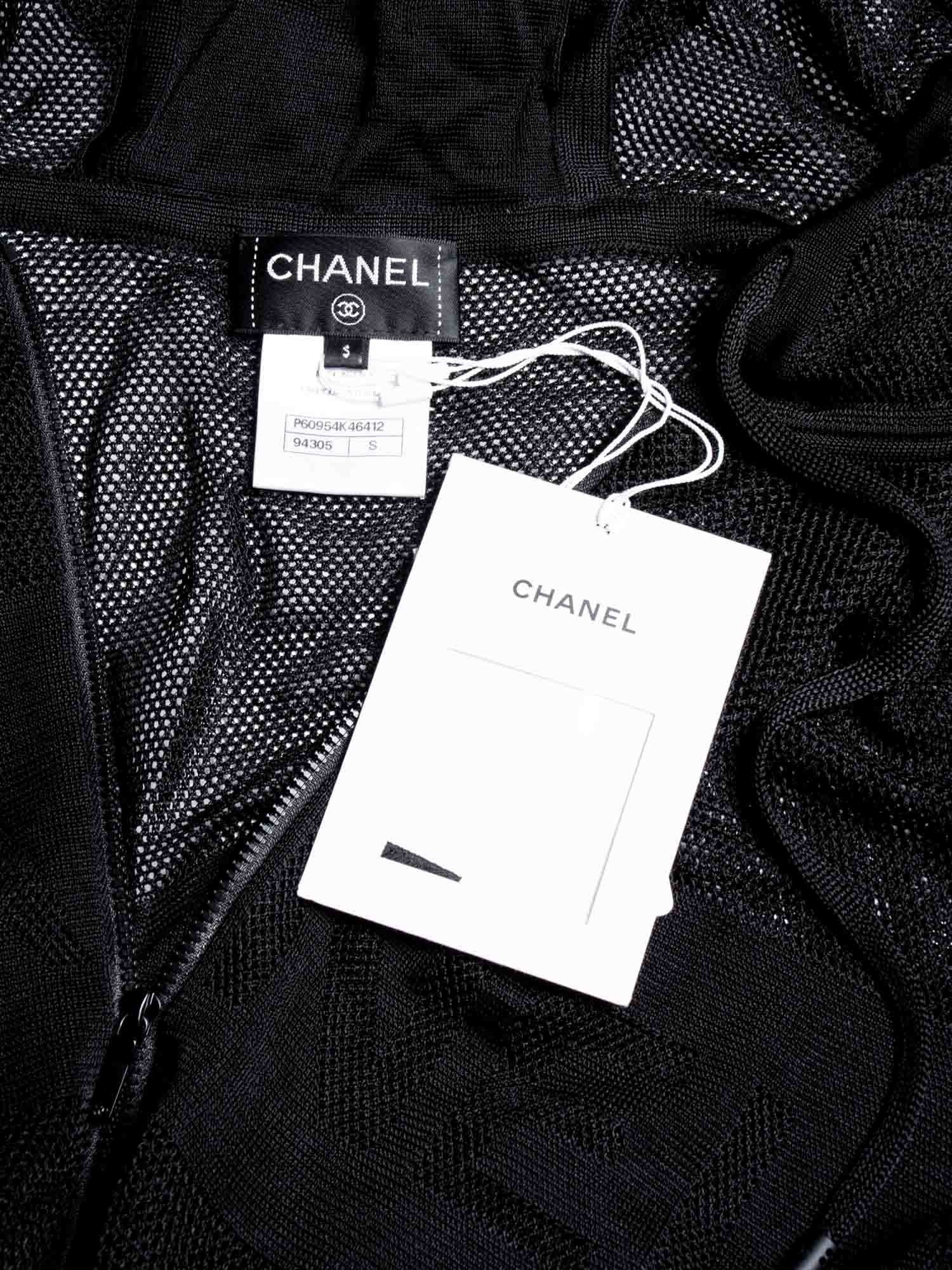 Chanel Logo Mesh Knit Zip Up Hoodie Sweater Black