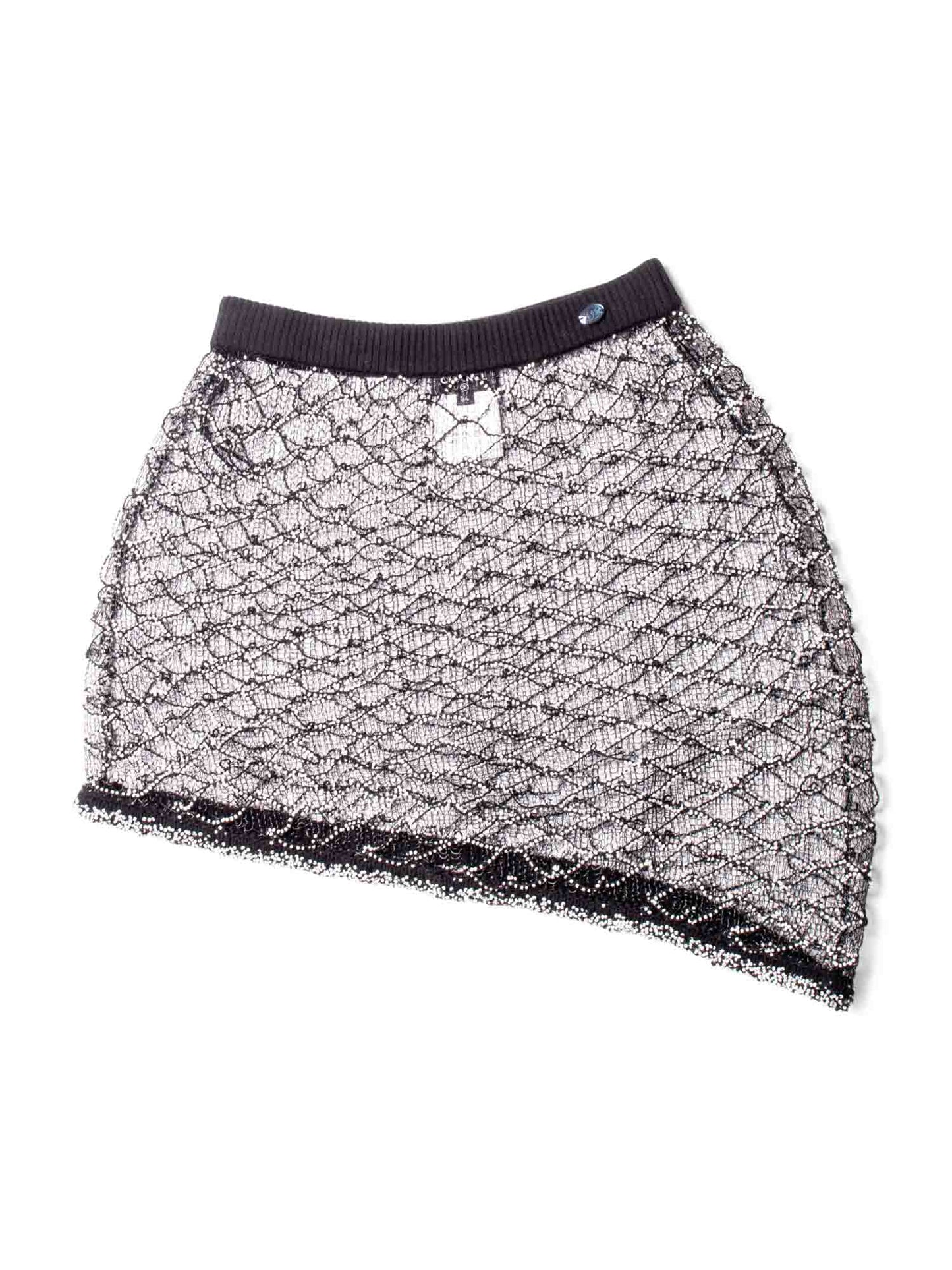 Chanel Logo Mini Asymmetric Mesh Beaded Skirt Black White